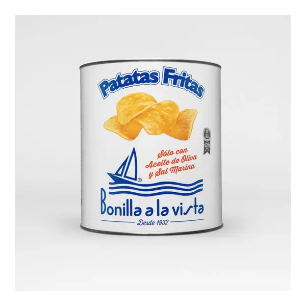 Lata blanca y azul de patatas fritas Bonilla a la Vista de 500 g