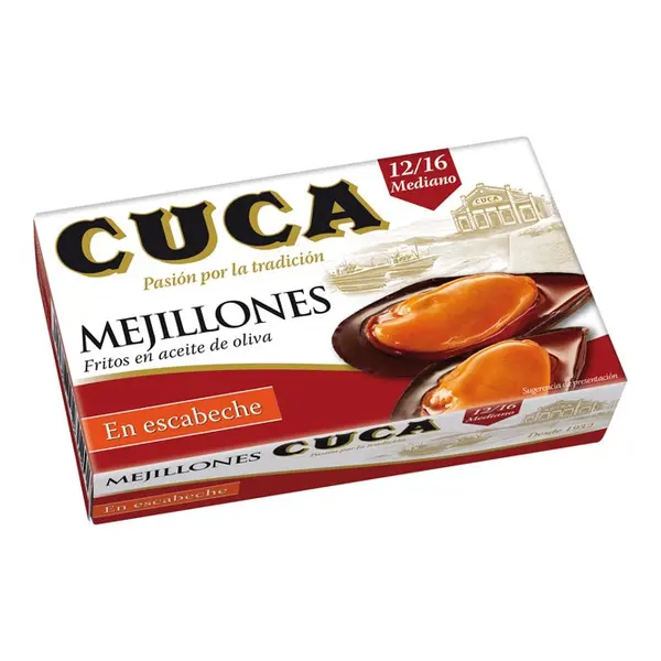Lata de mejillones en escabeche Cuca tamaño mediano 12/16 piezas