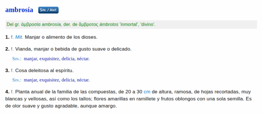 Definición de "ambrosía" según el DRAE