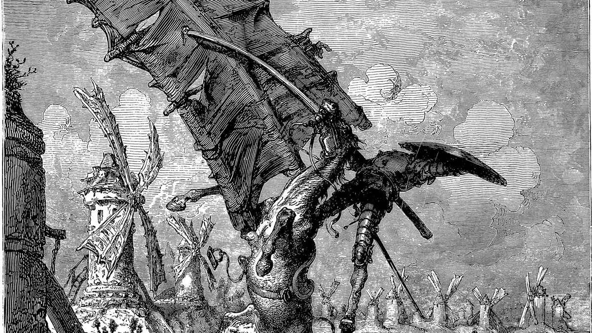 Don Quijote arrastrado por el aspa del molino, grabado de Gustave Doré