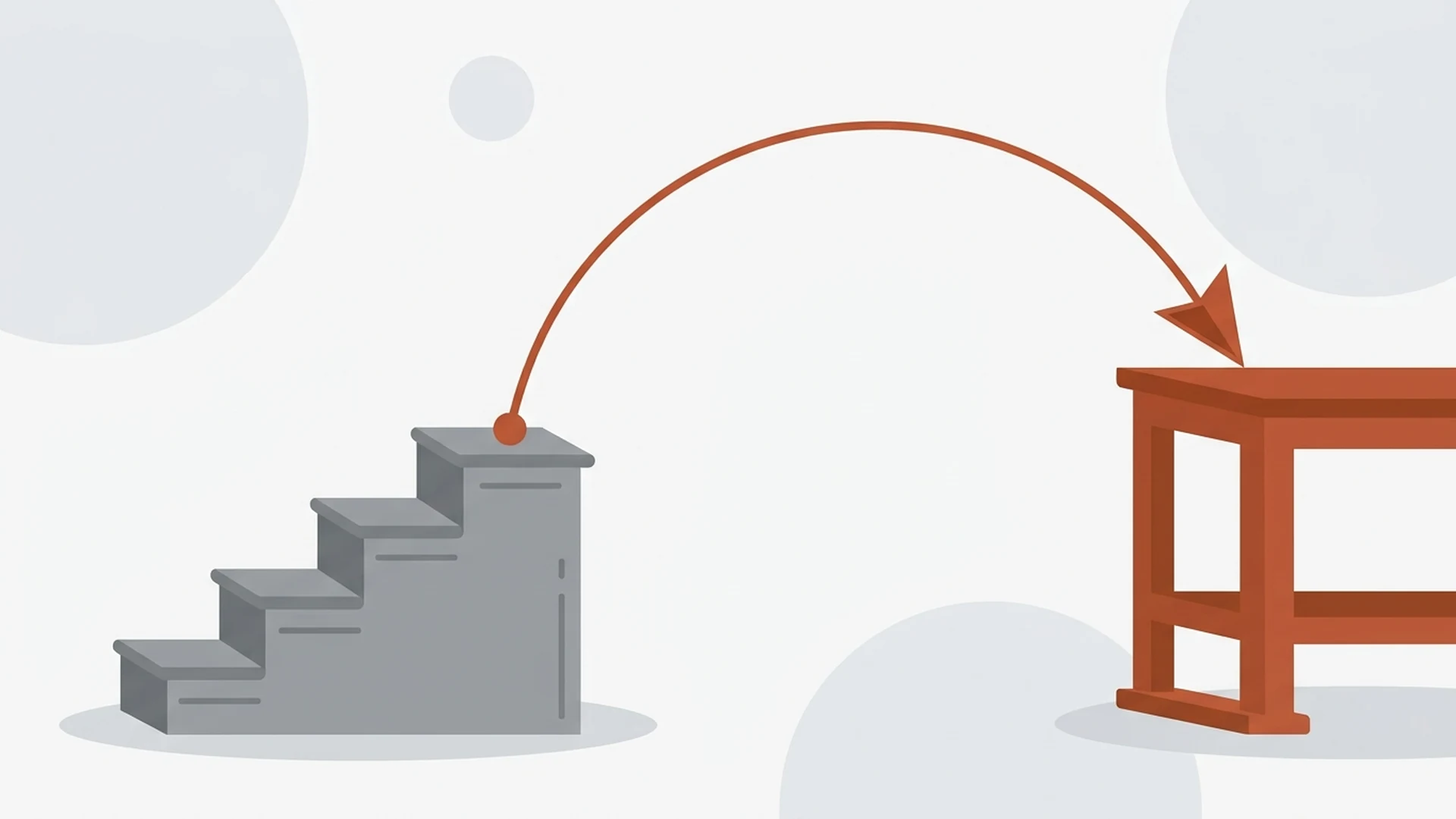 Ilustración minimalista sobre fondo claro con una escalera de peldaños grises que se corta y da paso a un único salto largo trazado en color terracota