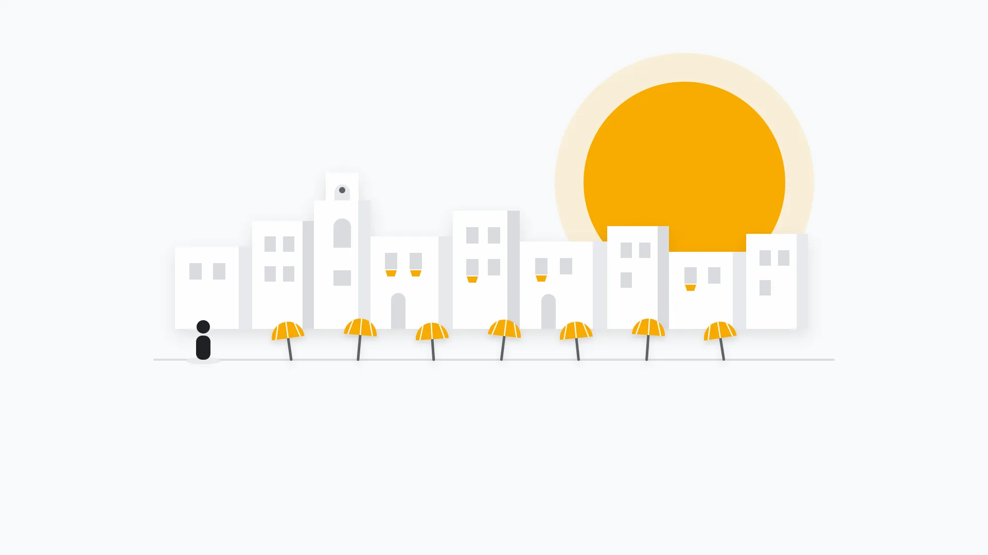 Ilustración minimalista de un pueblo blanco andaluz bajo un gran sol ámbar, con una fila de sombrillas de playa en primer término