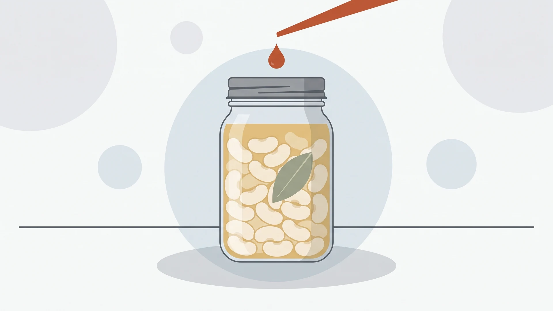 Ilustración minimalista sobre fondo claro de un tarro de cristal con alubias, una hoja de laurel y un hilo de aceite en color terracota