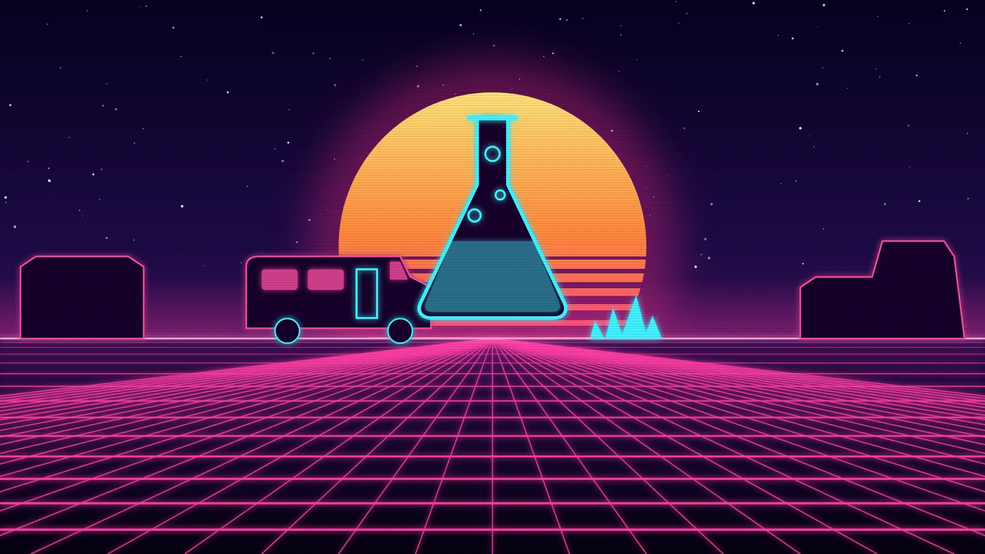 Ilustración retrofuturista de estética synthwave: un gran matraz de laboratorio de neón con líquido brillante y burbujas recortado contra un sol a rayas, una autocaravana a la izquierda, cristales azules a la derecha y mesetas del desierto en los laterales