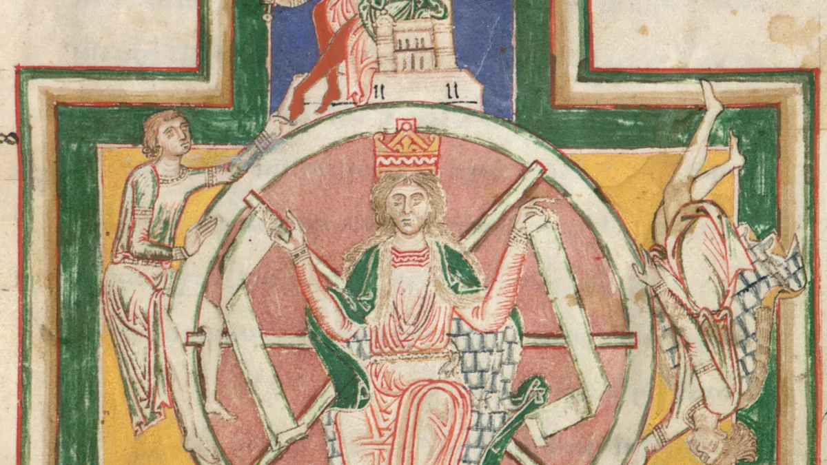 La rueda de la Fortuna, miniatura del manuscrito medieval Codex Buranus (Carmina Burana)