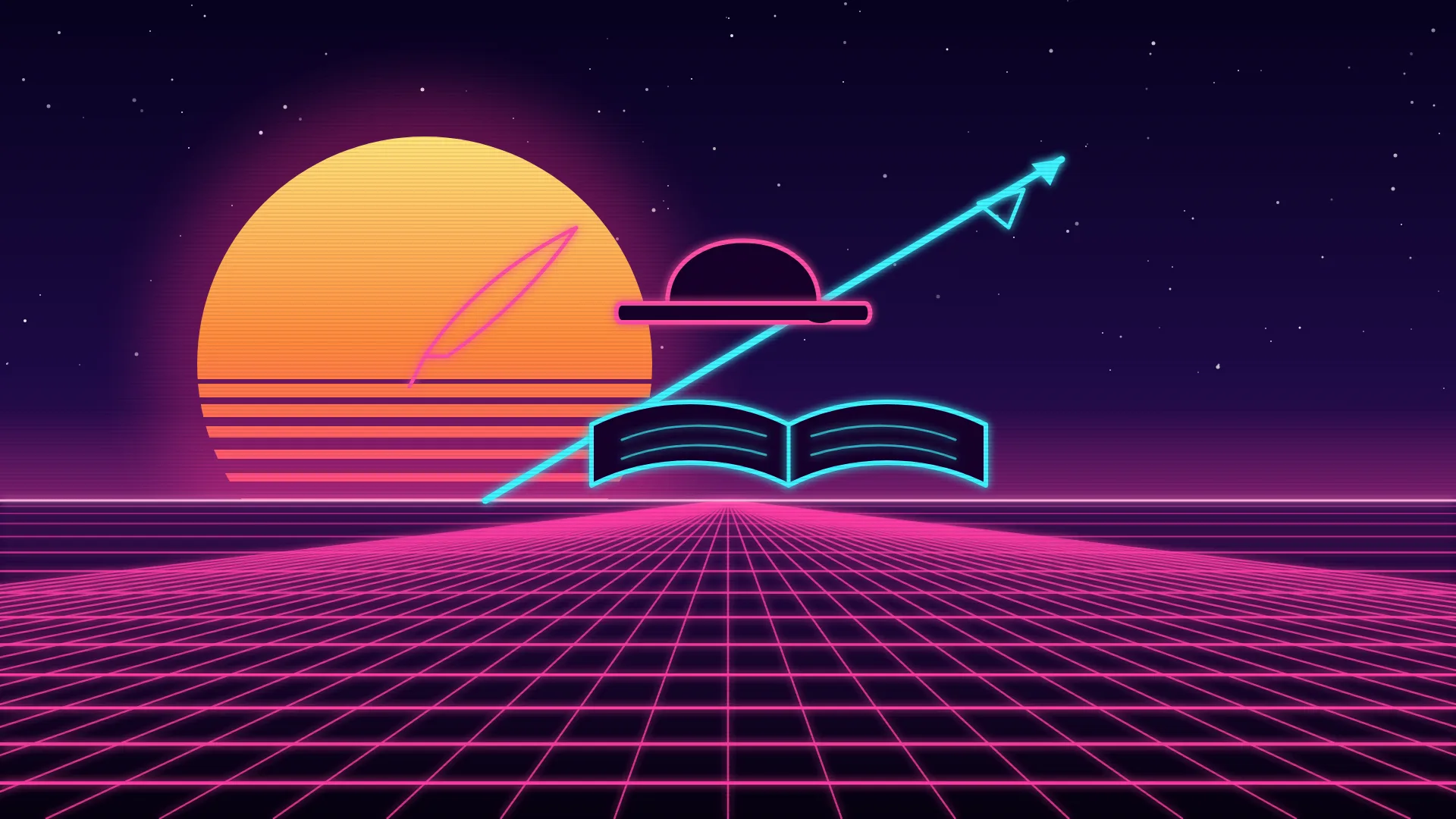 Ilustración retrofuturista de estética synthwave: un libro abierto de neón sobre el horizonte, con una bacía de barbero usada como yelmo flotando encima, una lanza larga que cruza la escena en diagonal y una pluma de escribir a la izquierda, con un sol a rayas a la izquierda