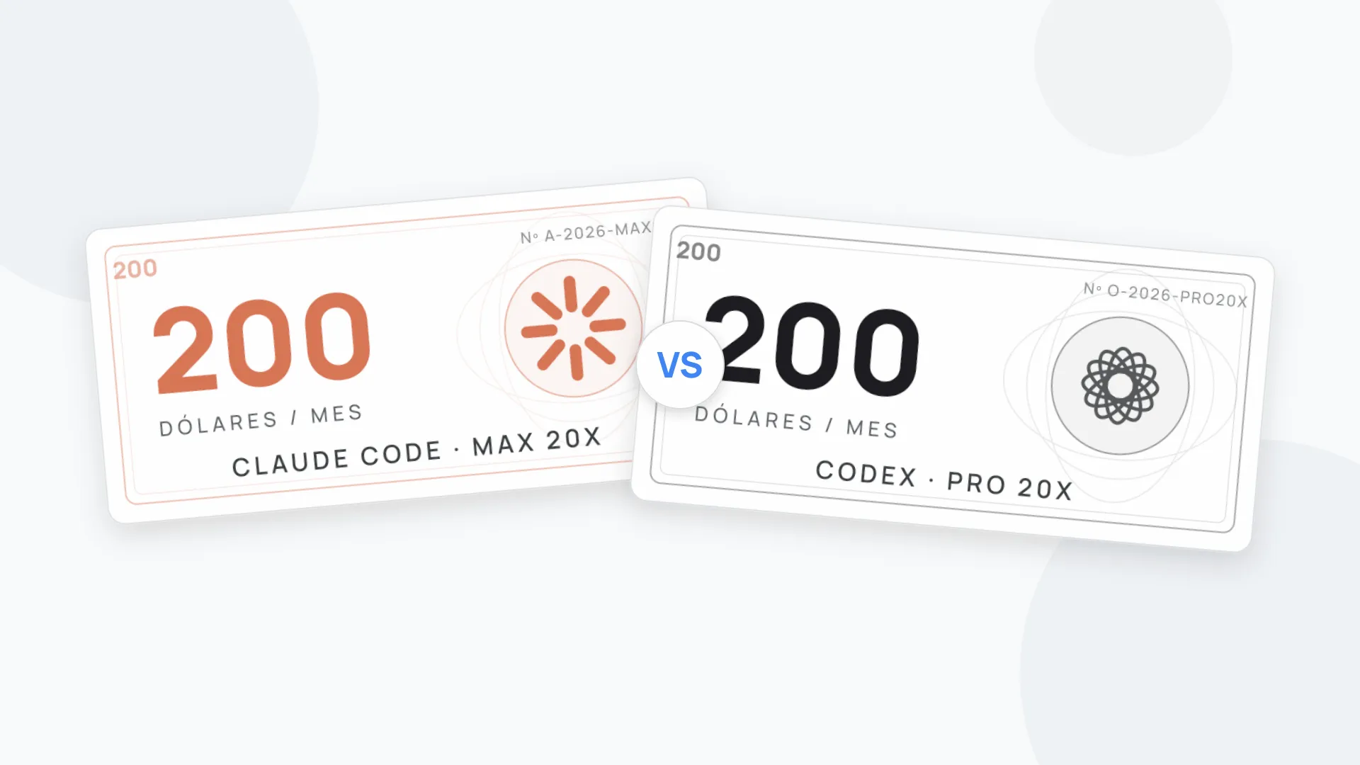 Dos billetes estilizados de 200 dólares, uno de Claude Code Max 20x y otro de Codex Pro 20x, enfrentados con un VS en el centro