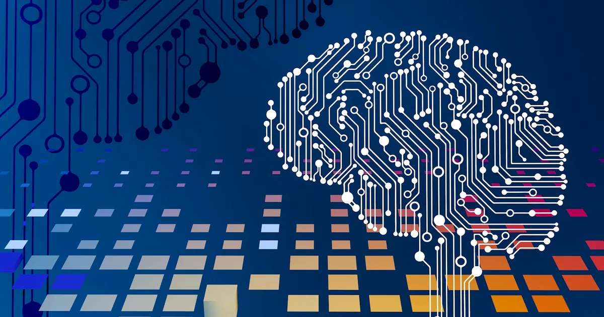 Cerebro dibujado con pistas de circuito sobre fondo azul, símbolo de la inteligencia artificial