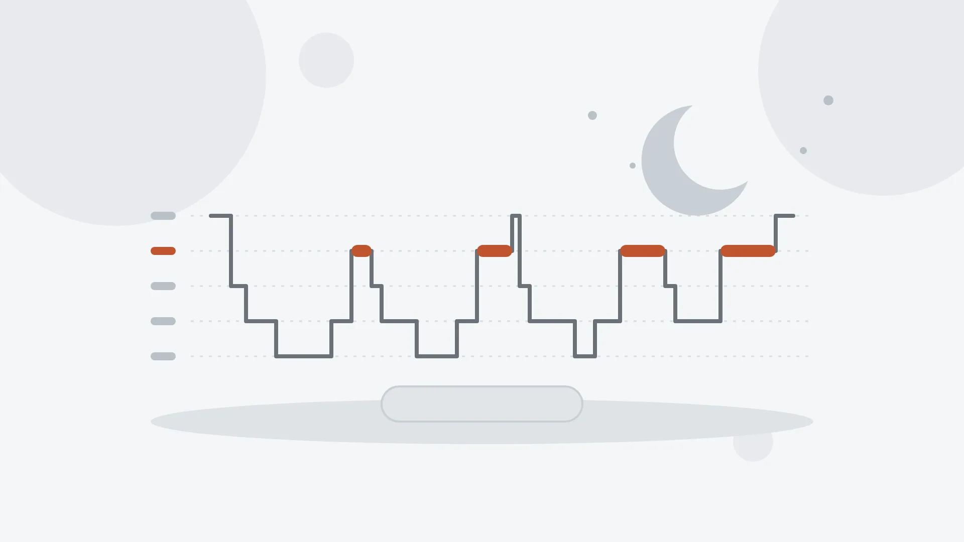 Ilustración minimalista de un hipnograma gris con las fases de una noche de sueño, los tramos REM en color terracota, una luna creciente y una almohada