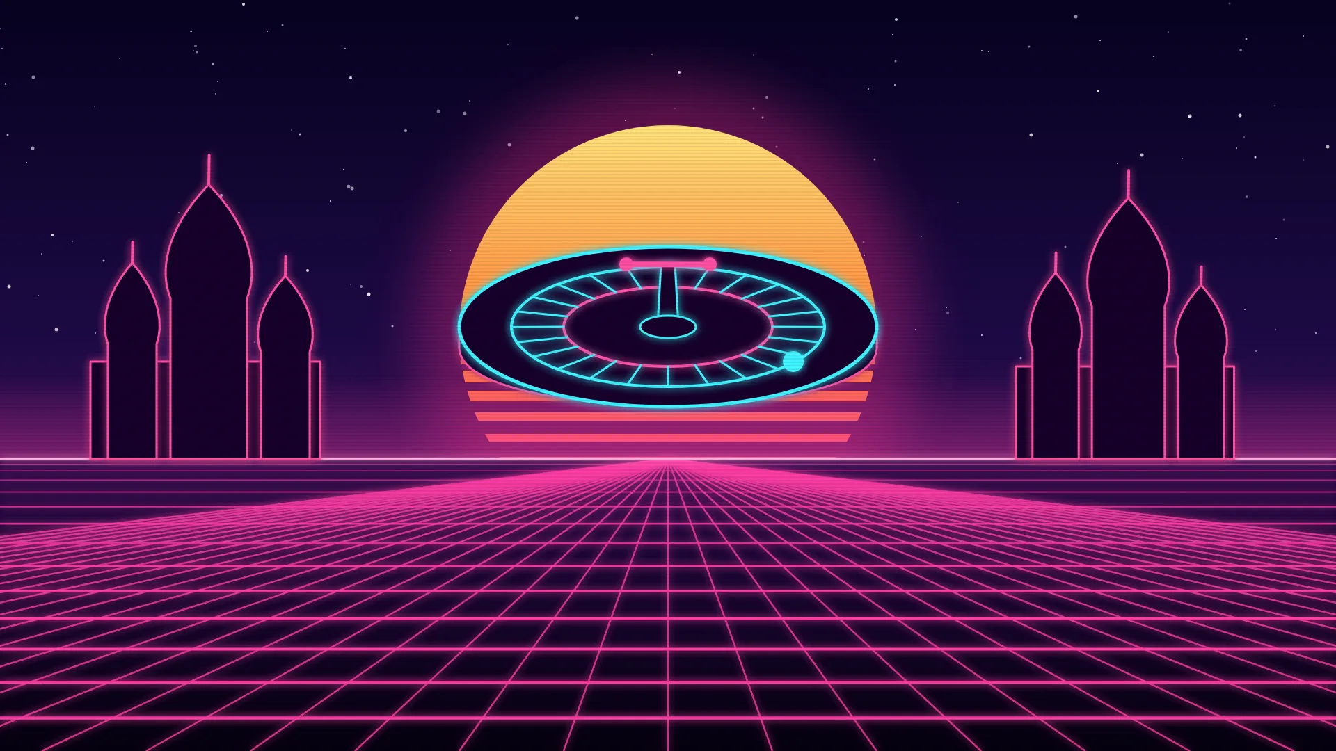 Ilustración retrofuturista de estética synthwave: una ruleta de casino de neón vista en perspectiva, con la bola a punto de caer, delante de un sol a rayas y flanqueada por siluetas de cúpulas en forma de cebolla sobre el horizonte