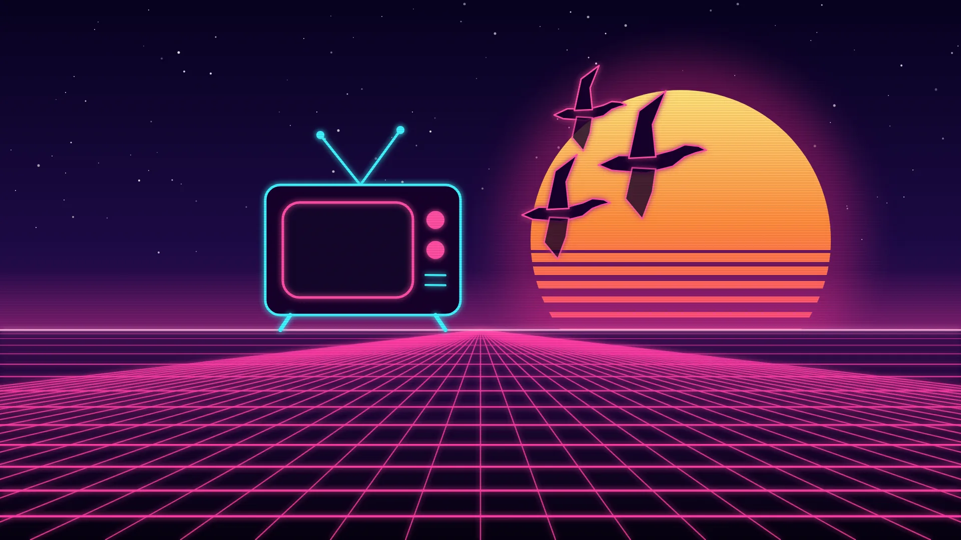 Ilustración retrofuturista de estética synthwave: un televisor antiguo de neón con la pantalla en negro sobre el horizonte y tres patos que se alejan volando recortados contra un sol a rayas a la derecha