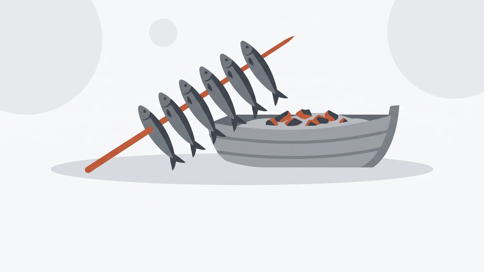 Ilustración minimalista de una caña con seis sardinas clavadas, inclinada sobre una barca de arena con brasas en color terracota