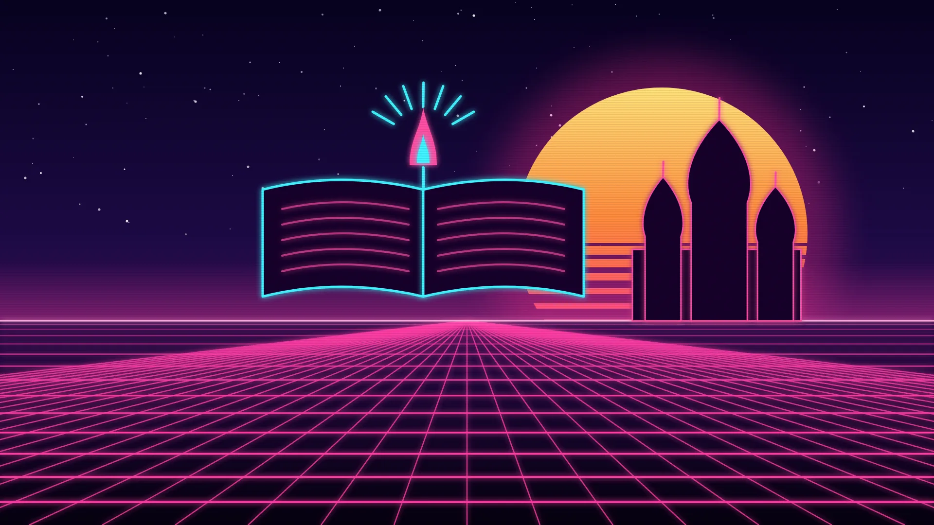 Ilustración retrofuturista de estética synthwave: un libro abierto de neón sobre el horizonte del que se eleva una pequeña llama con rayos de luz, con siluetas de cúpulas en forma de cebolla recortadas contra un sol a rayas a la derecha