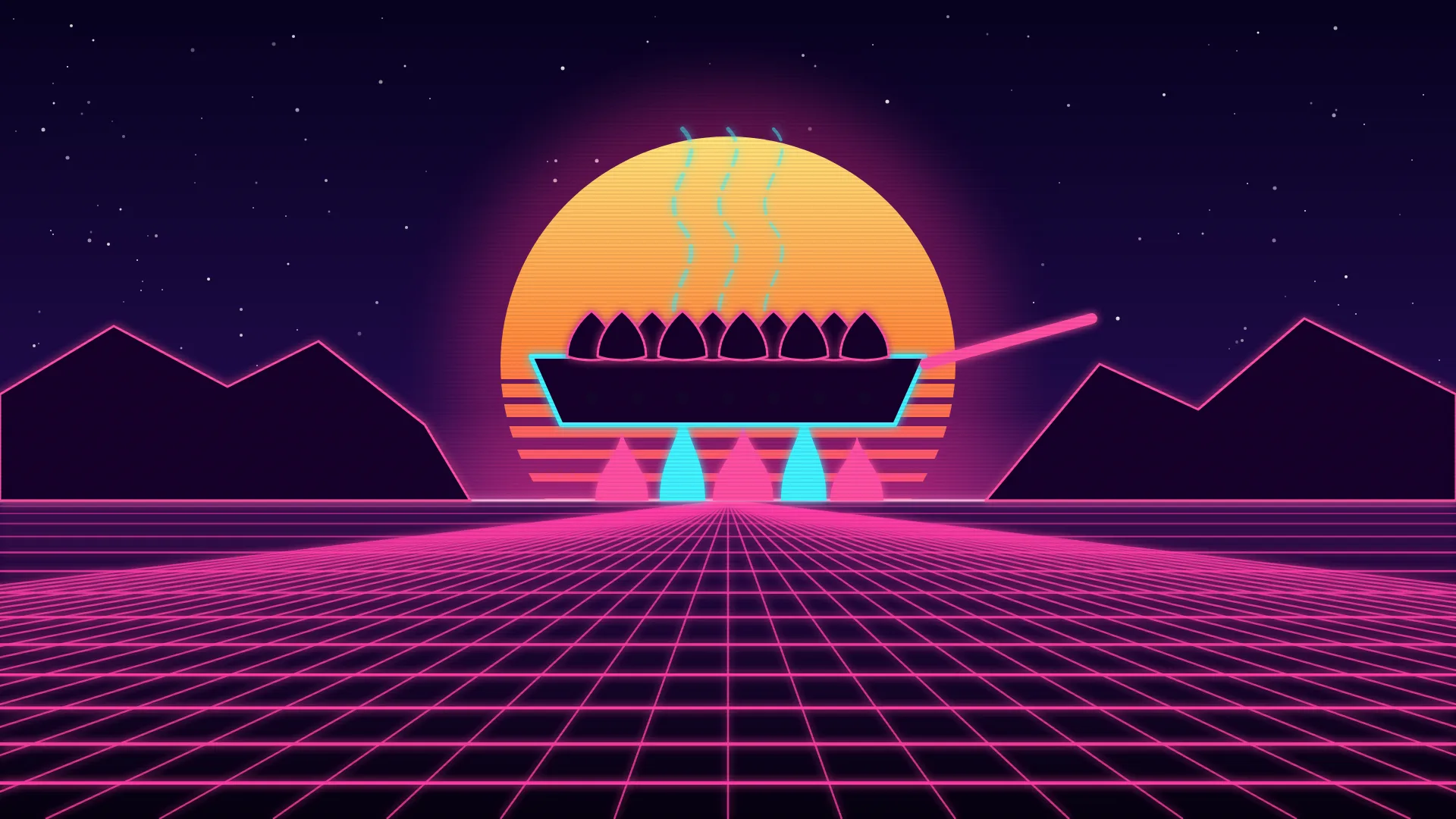 Ilustración retrofuturista de estética synthwave: una sartén agujereada llena de castañas sobre una hoguera, con columnas de humo que suben delante de un sol a rayas y montañas recortadas a ambos lados del horizonte
