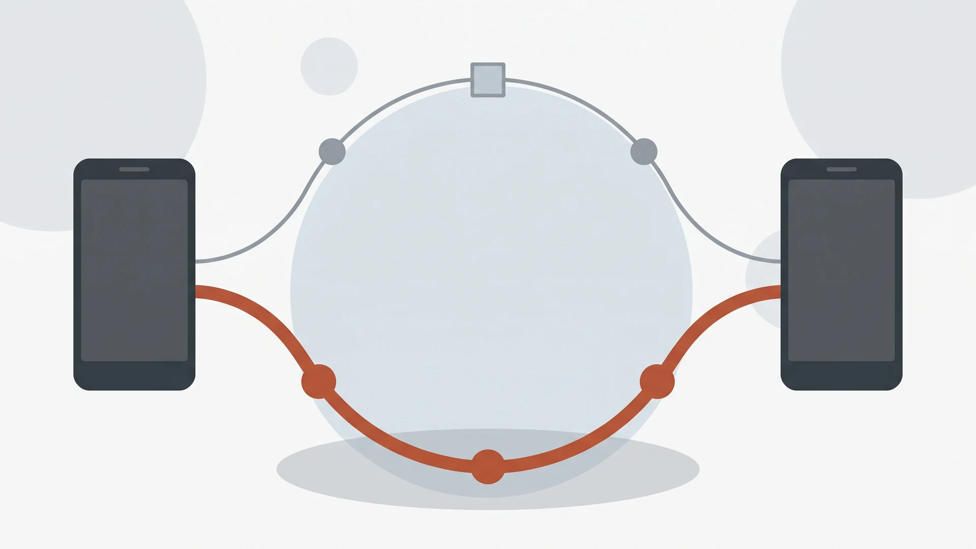 Ilustración minimalista de dos teléfonos unidos por dos líneas separadas, una gris de señalización y otra terracota de audio, que no siguen el mismo camino