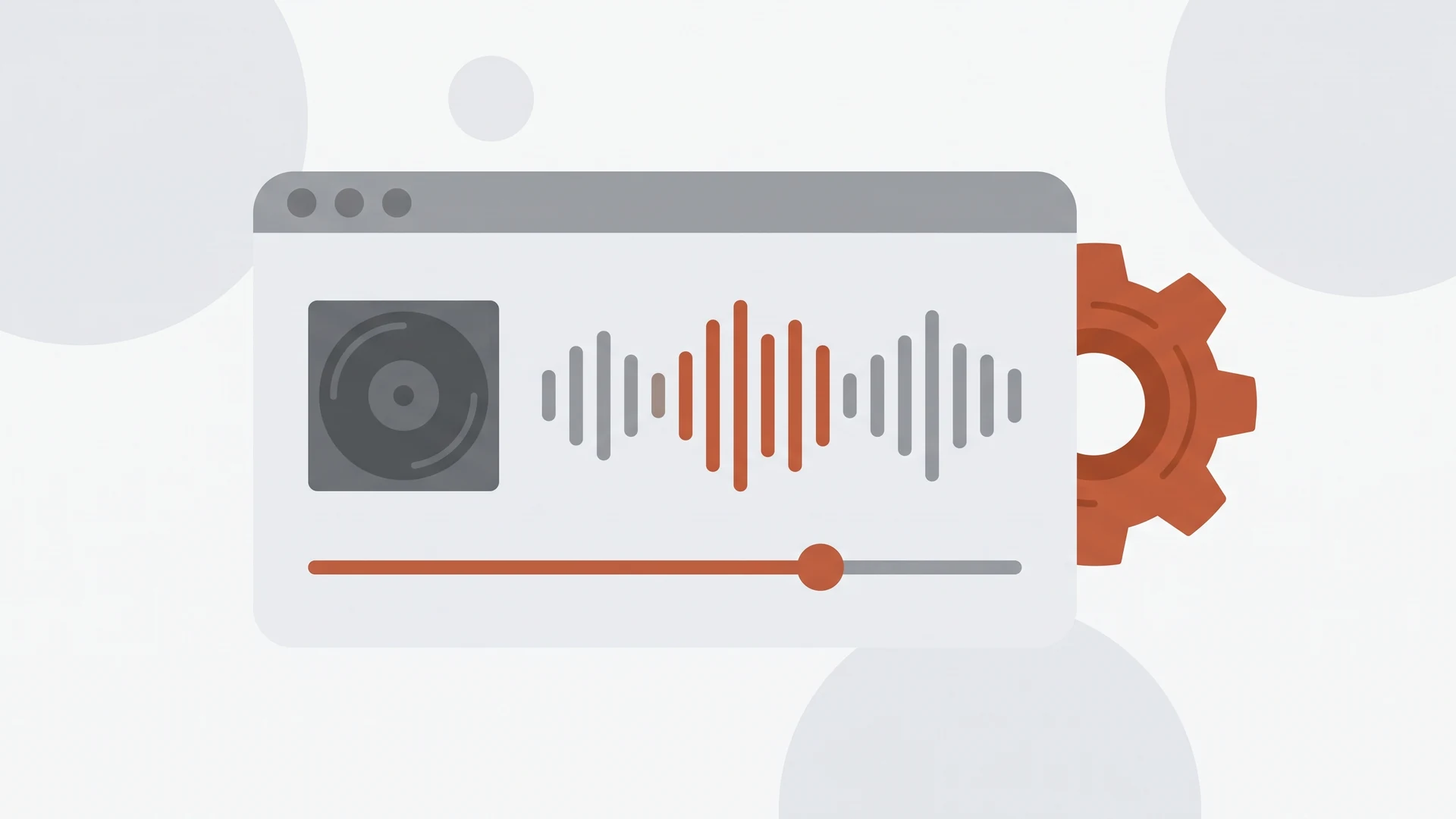 Reproductor de música de escritorio minimalista con una onda de sonido, junto a un engranaje oxidado sobre fondo claro