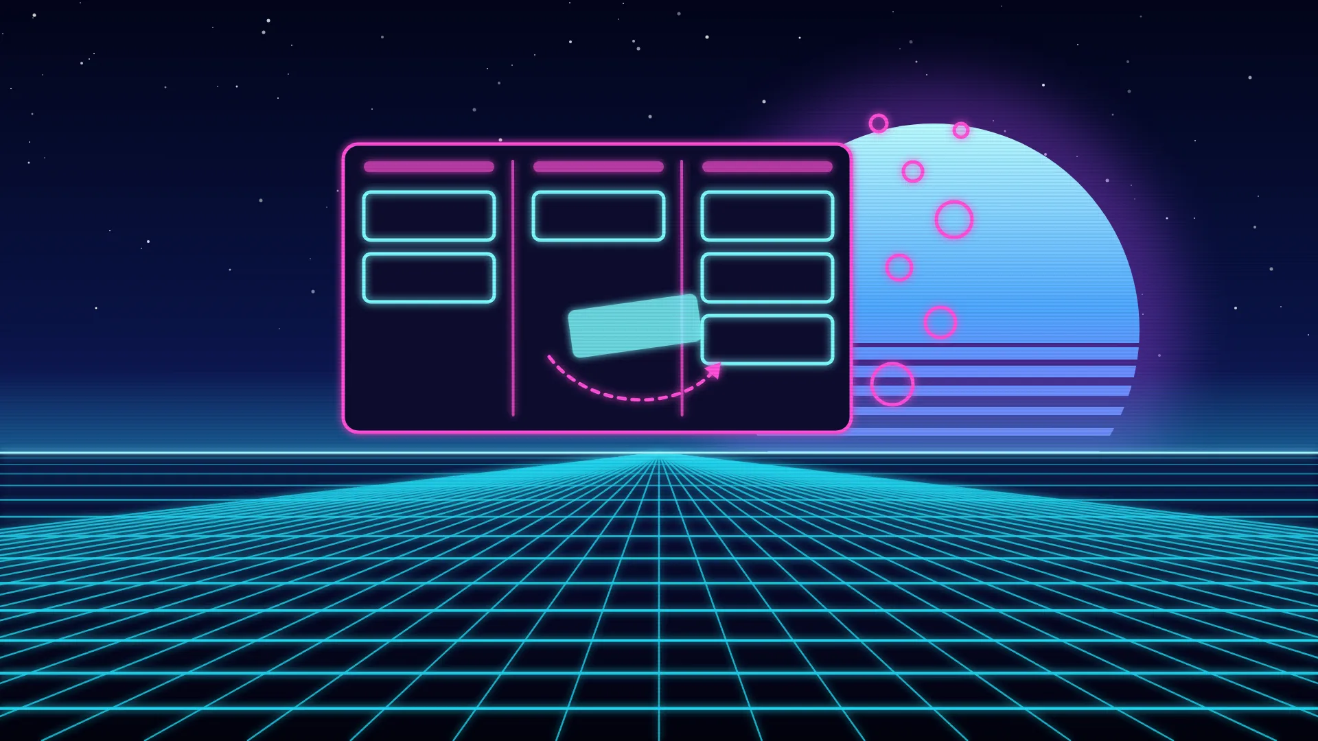 Ilustración retrofuturista de estética synthwave: un tablero kanban de neón con tres columnas de tarjetas, una de ellas en el aire pasando de columna, y burbujas que suben a la derecha delante de un sol a rayas