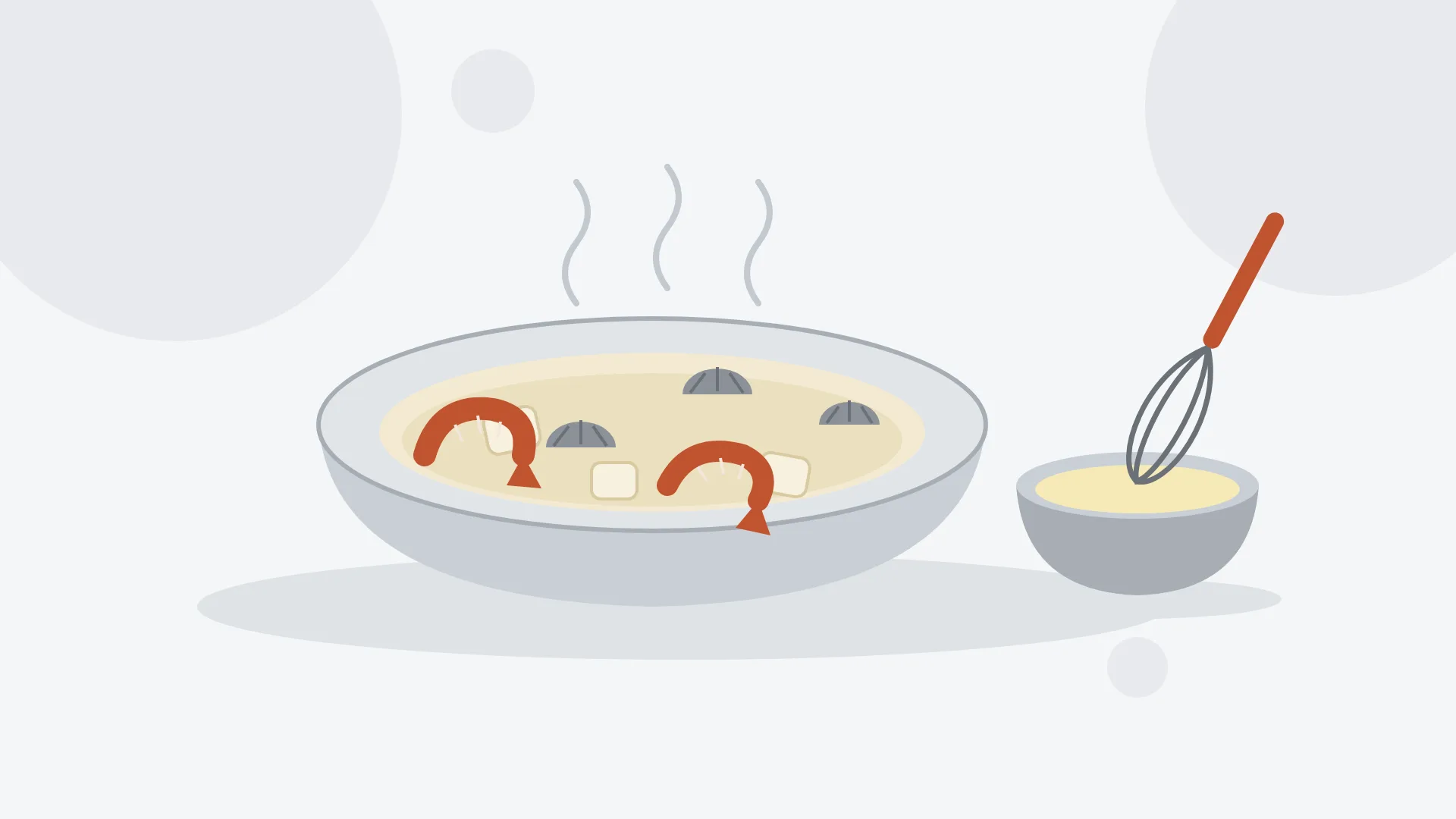 Ilustración minimalista de un plato hondo de gazpachuelo humeante con almejas, gambas y patatas, junto a un cuenco de mayonesa con unas varillas en color terracota