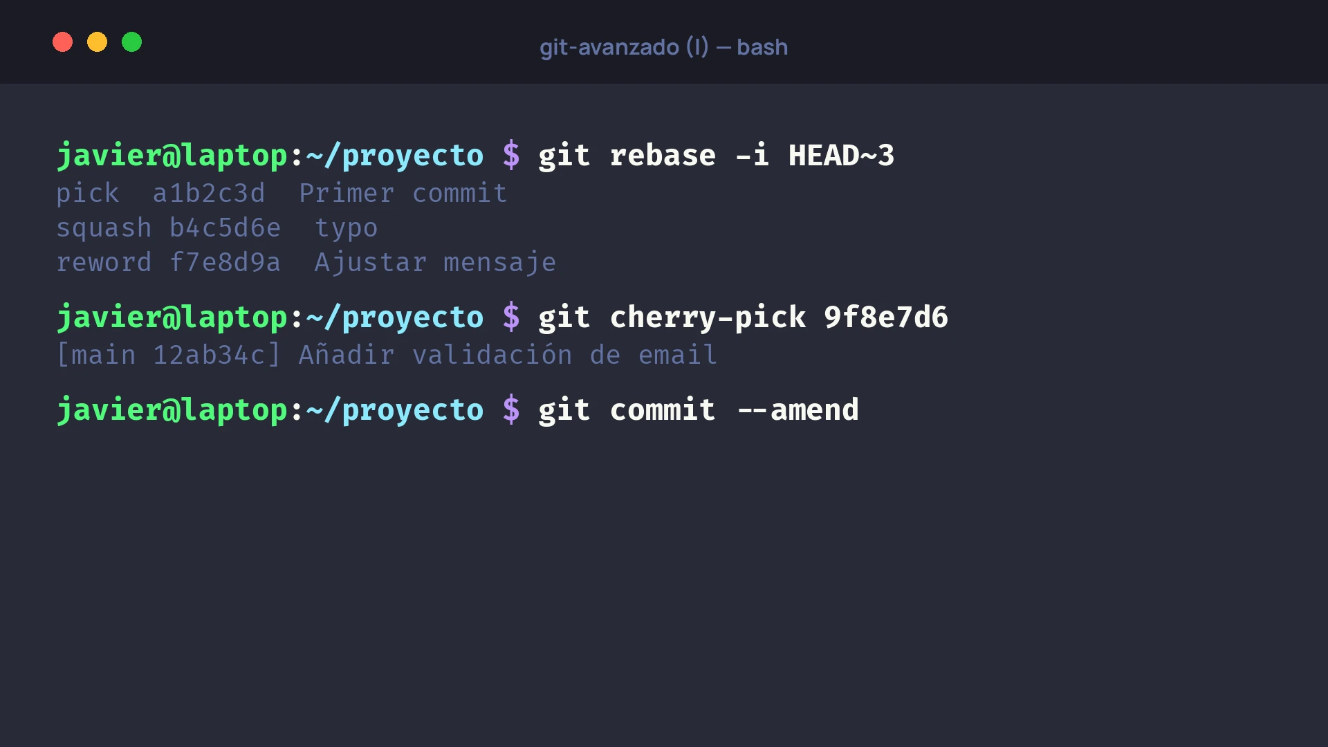 Terminal con los comandos git rebase, git cherry-pick y git commit --amend