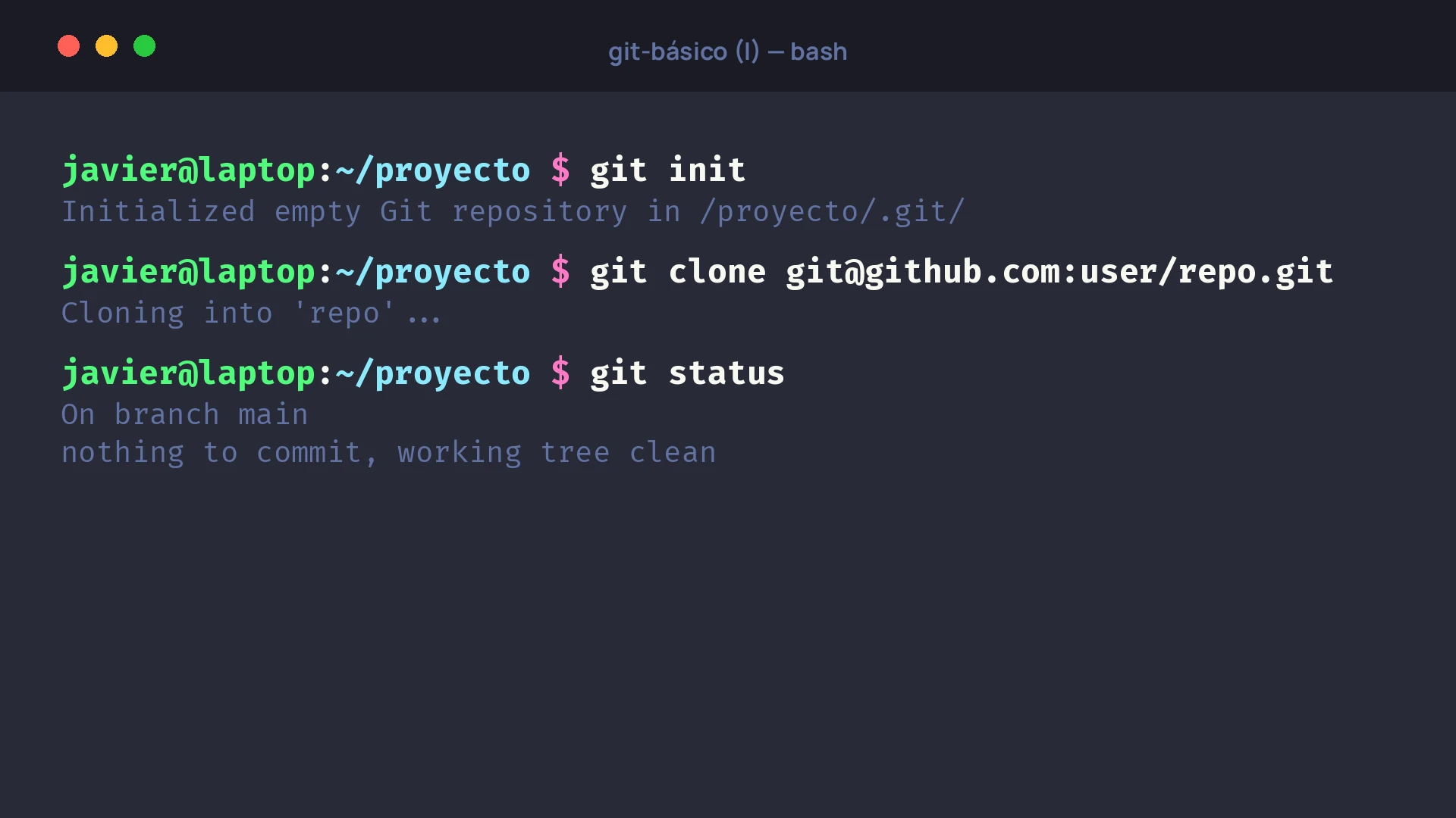 Terminal con los comandos git init, git clone y git status