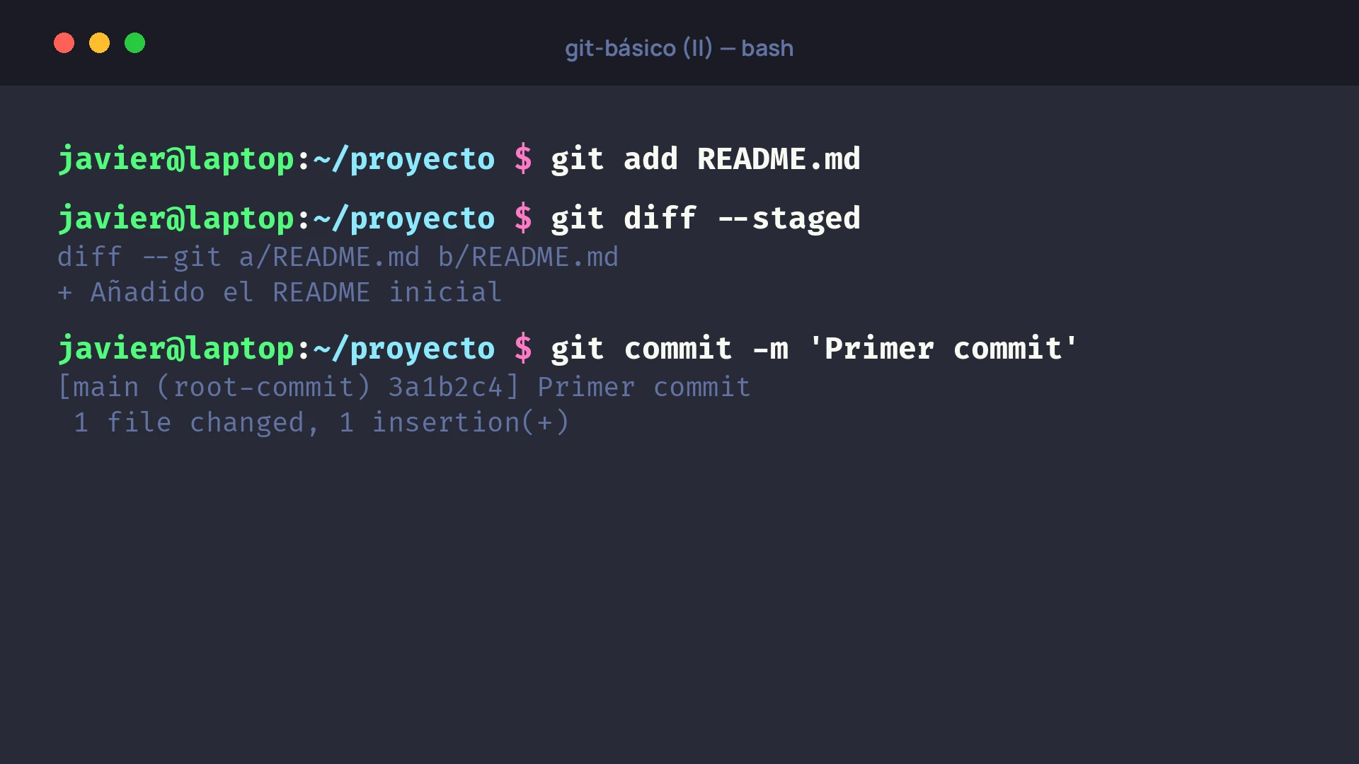 Terminal con los comandos git add, git diff y git commit