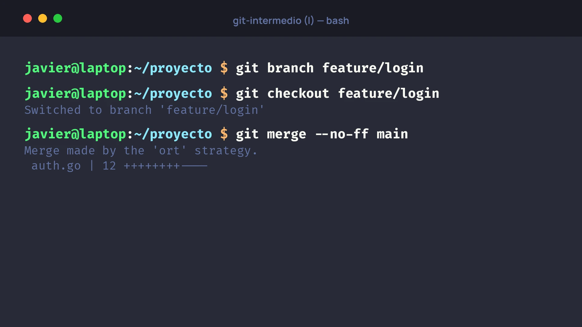 Terminal con los comandos git branch, git checkout y git merge