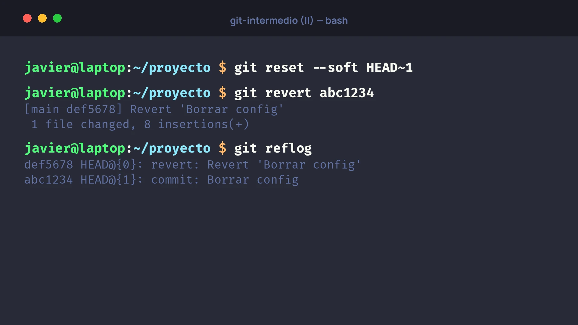 Terminal con los comandos git reset, git revert y git reflog