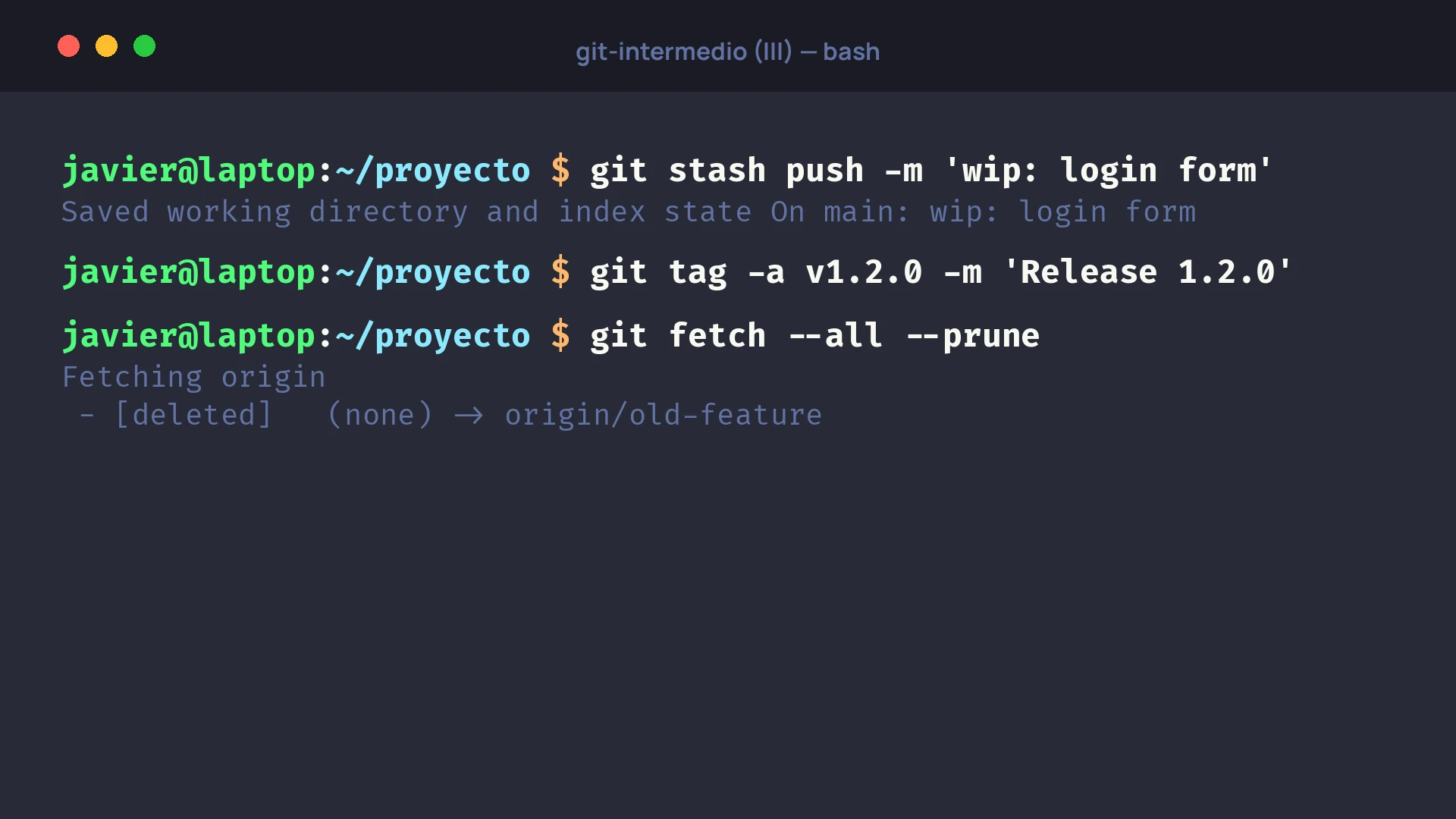 Terminal con los comandos git stash, git tag y git fetch