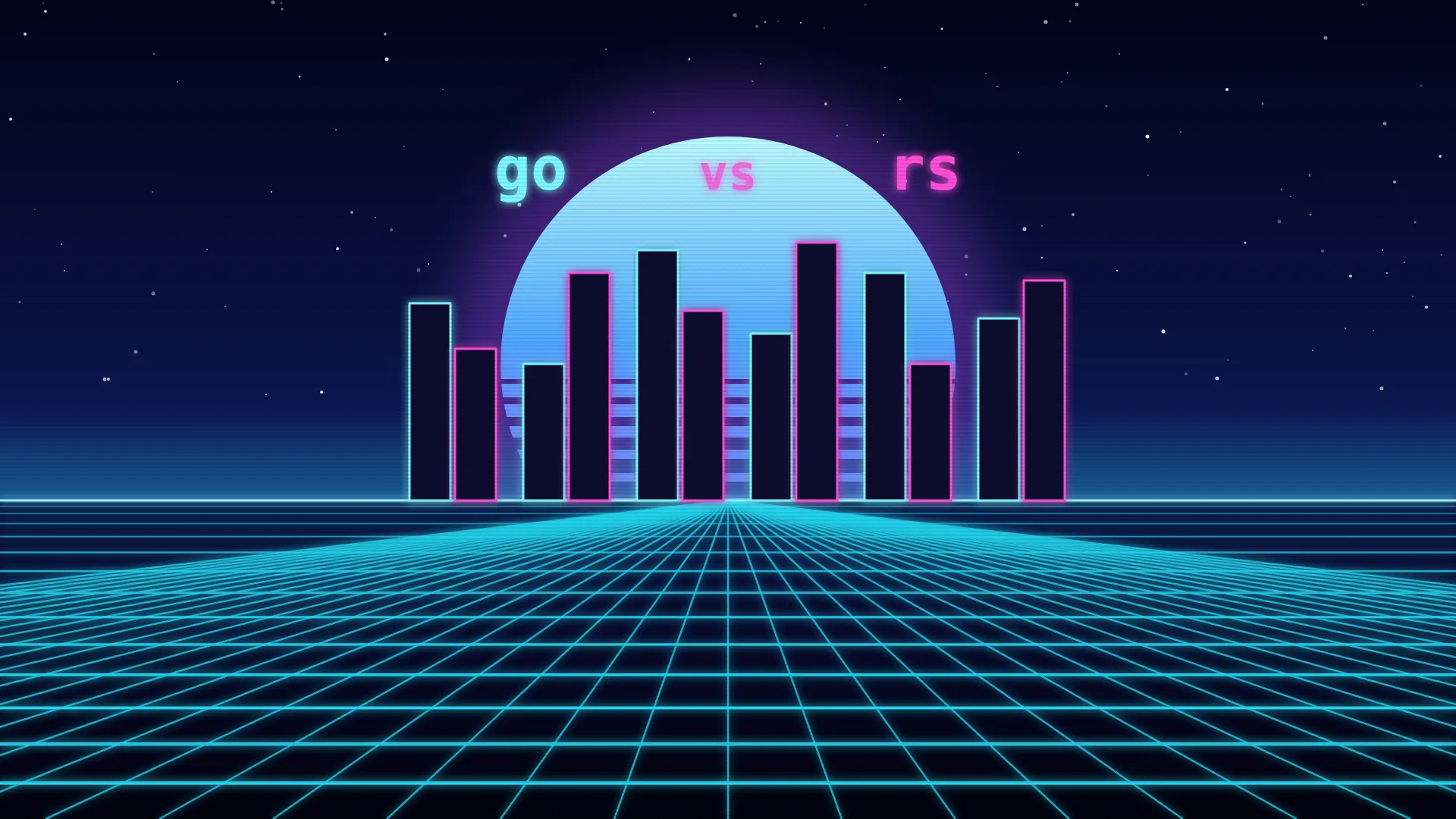 Ilustración retrofuturista de estética synthwave: seis parejas de barras de neón de alturas distintas que se alzan como rascacielos delante de un sol a rayas, bajo las palabras go, vs y rs