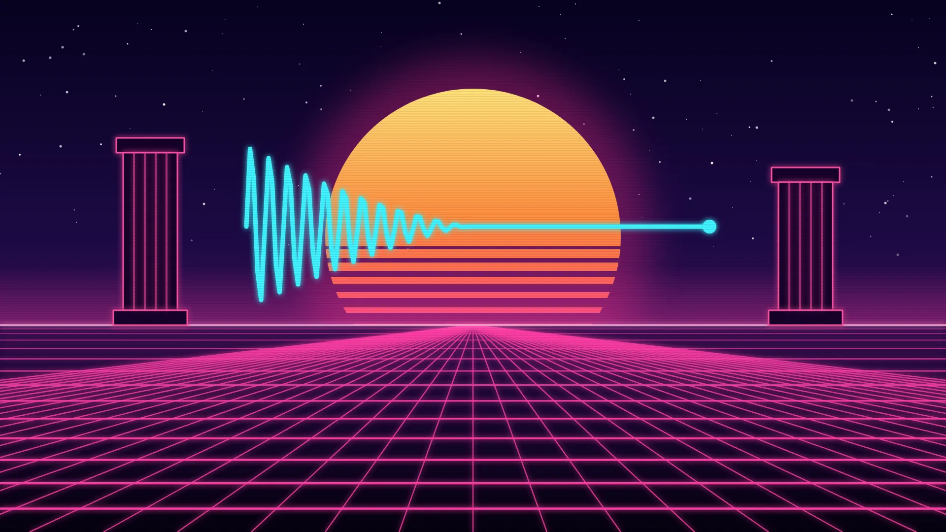 Ilustración retrofuturista de estética synthwave: una onda de sonido de neón que cruza un sol a rayas, empieza con picos altos y se va apagando hasta quedar en una línea recta, entre dos columnas clásicas recortadas en los laterales