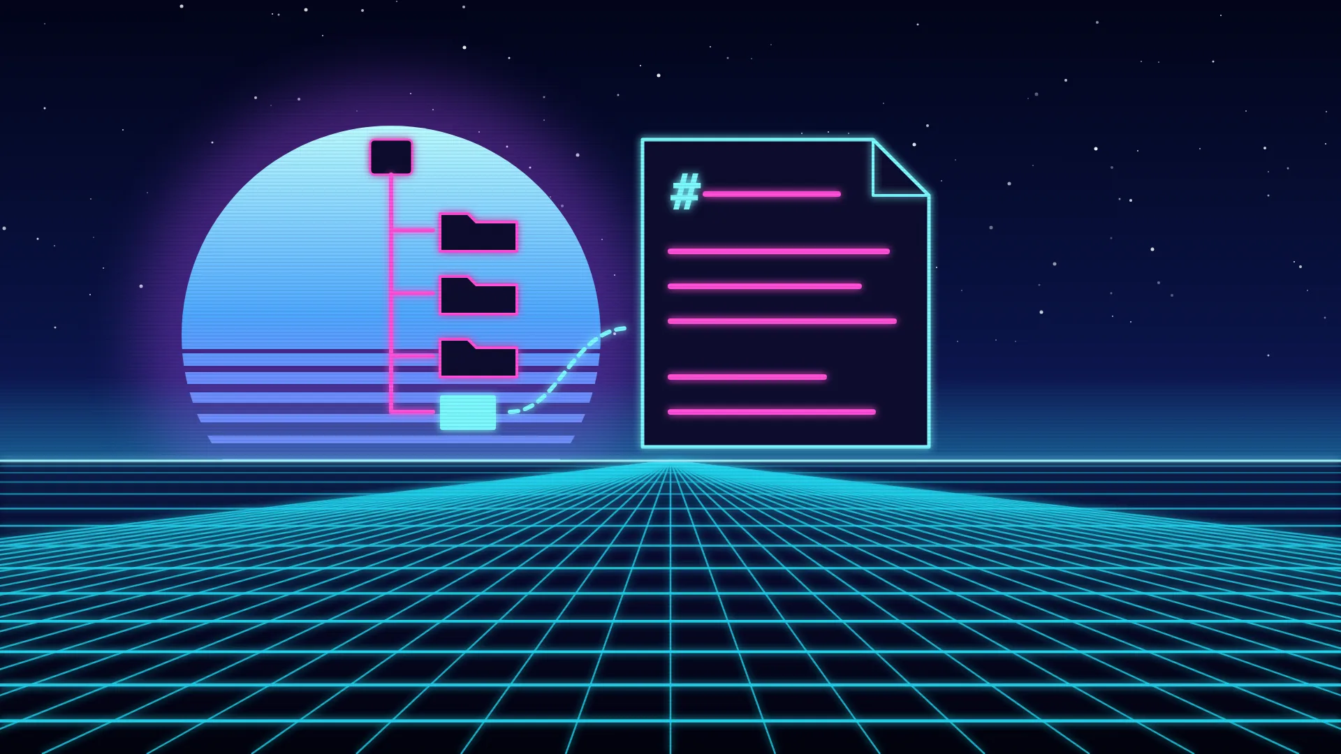Ilustración retrofuturista de estética synthwave: un árbol de carpetas de neón del que sale una línea hacia una gran hoja de texto con una almohadilla de título y renglones brillantes, delante de un sol a rayas
