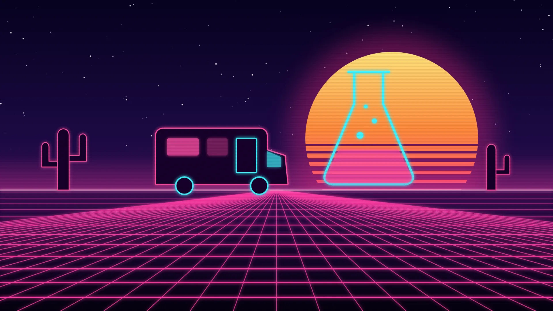 Ilustración retrofuturista de estética synthwave: una vieja autocaravana con las ventanas encendidas aparcada en el horizonte de un desierto con cactus, junto a un gran matraz de laboratorio de neón lleno de líquido burbujeante y un sol a rayas detrás