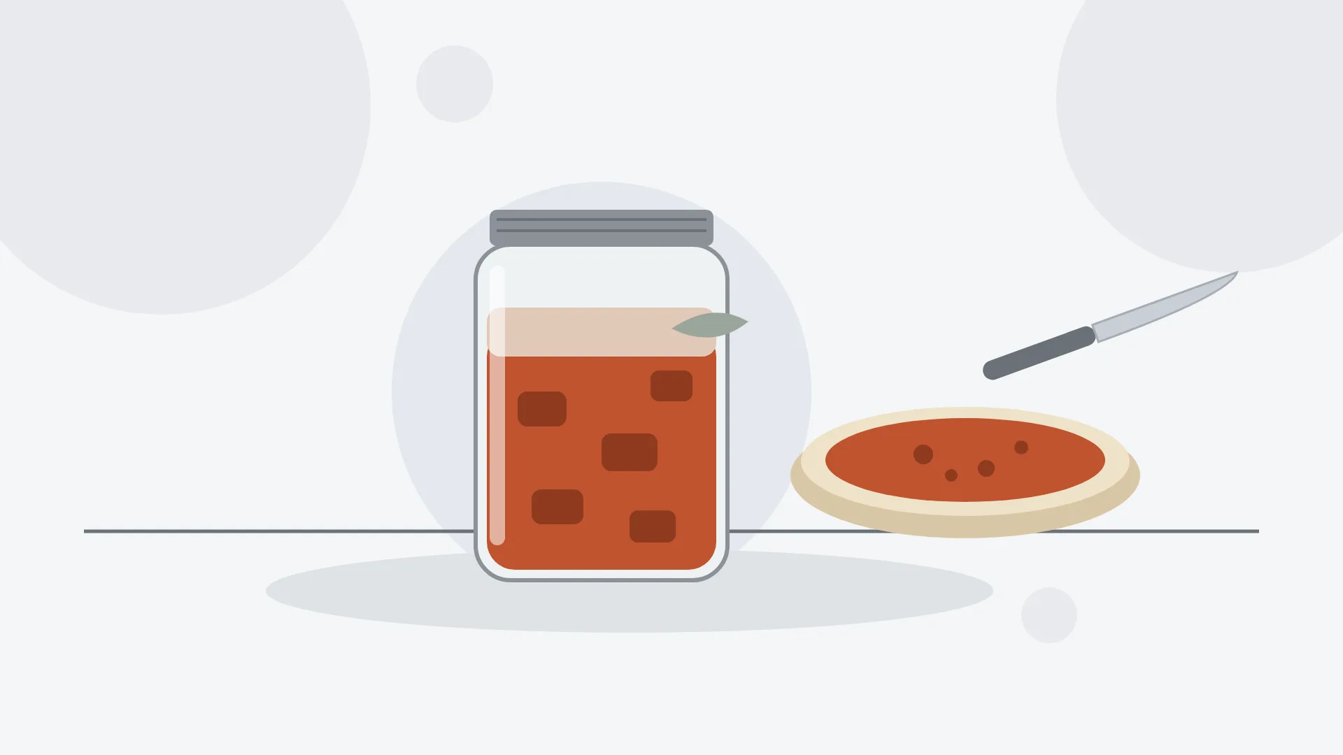 Ilustración minimalista de un tarro de cristal lleno de manteca colorá con tropezones de carne y una hoja de laurel, junto a un mollete untado y un cuchillo