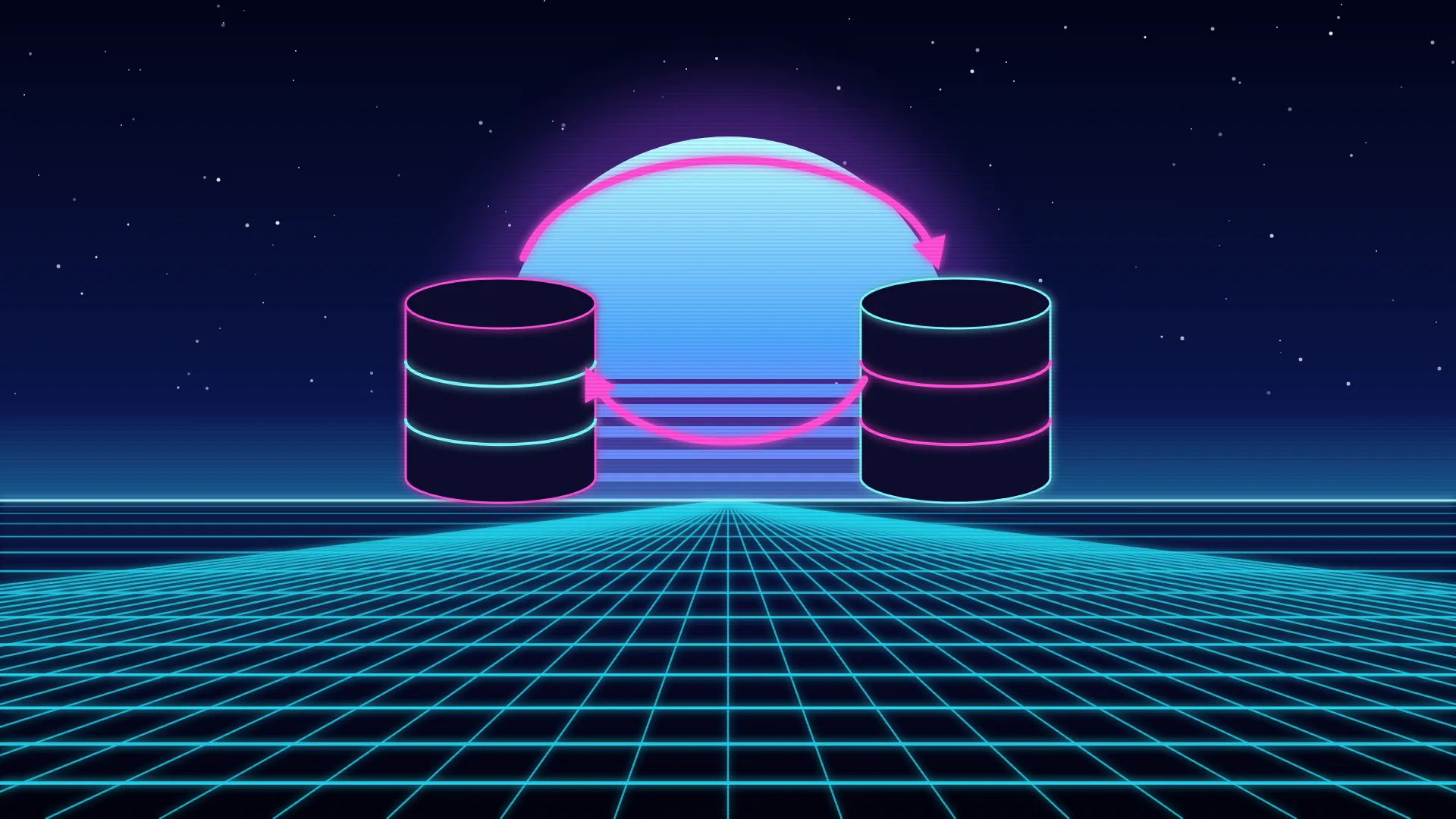Ilustración retrofuturista de estética synthwave: dos cilindros de base de datos gemelos de neón, uno a cada lado de un sol a rayas, unidos por dos flechas curvas que van de uno a otro y vuelven formando un ciclo