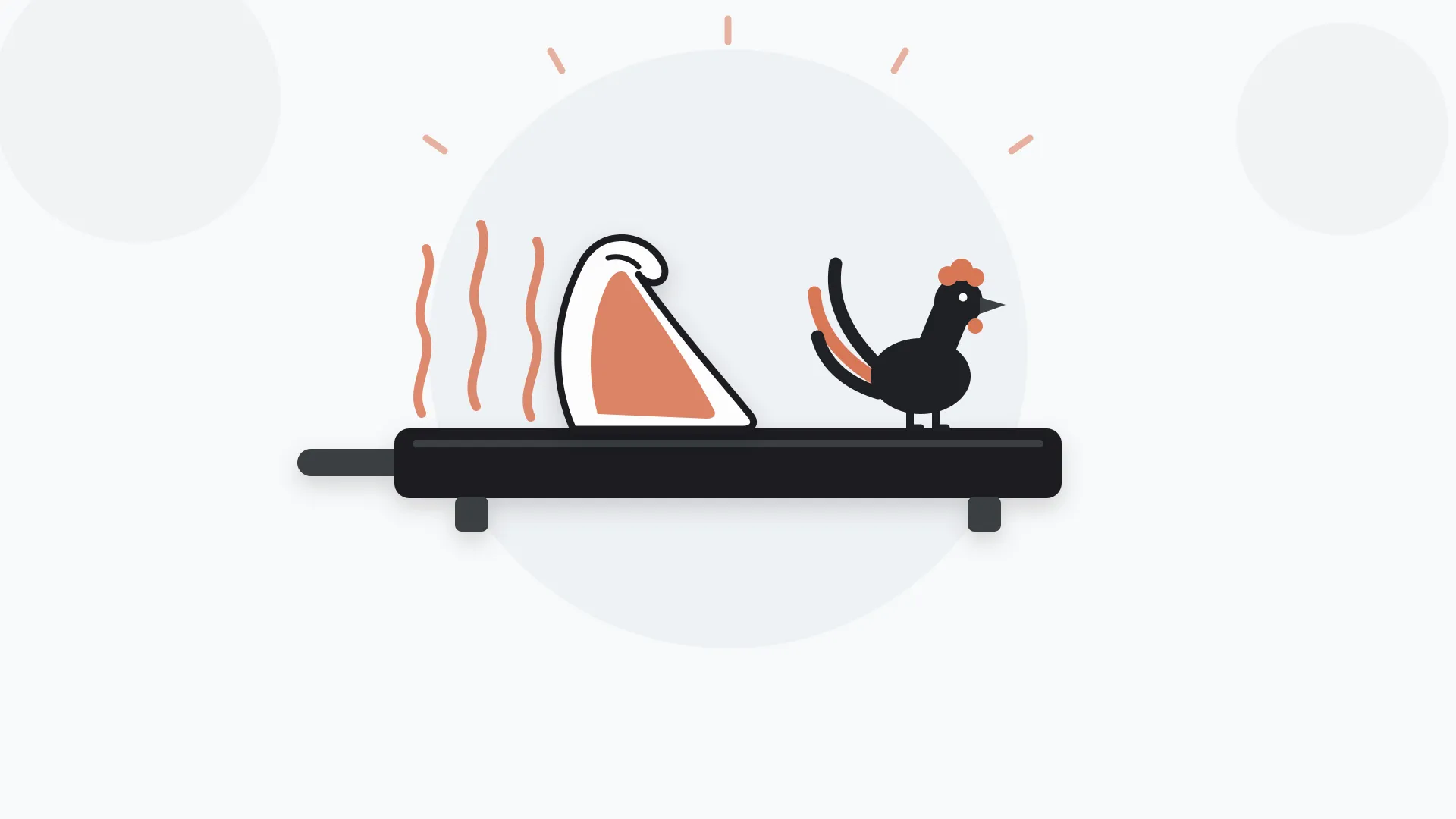 Ilustración minimalista de una oreja de cerdo dorándose sobre una plancha con ondas de calor y la silueta de un gallo de cresta roja