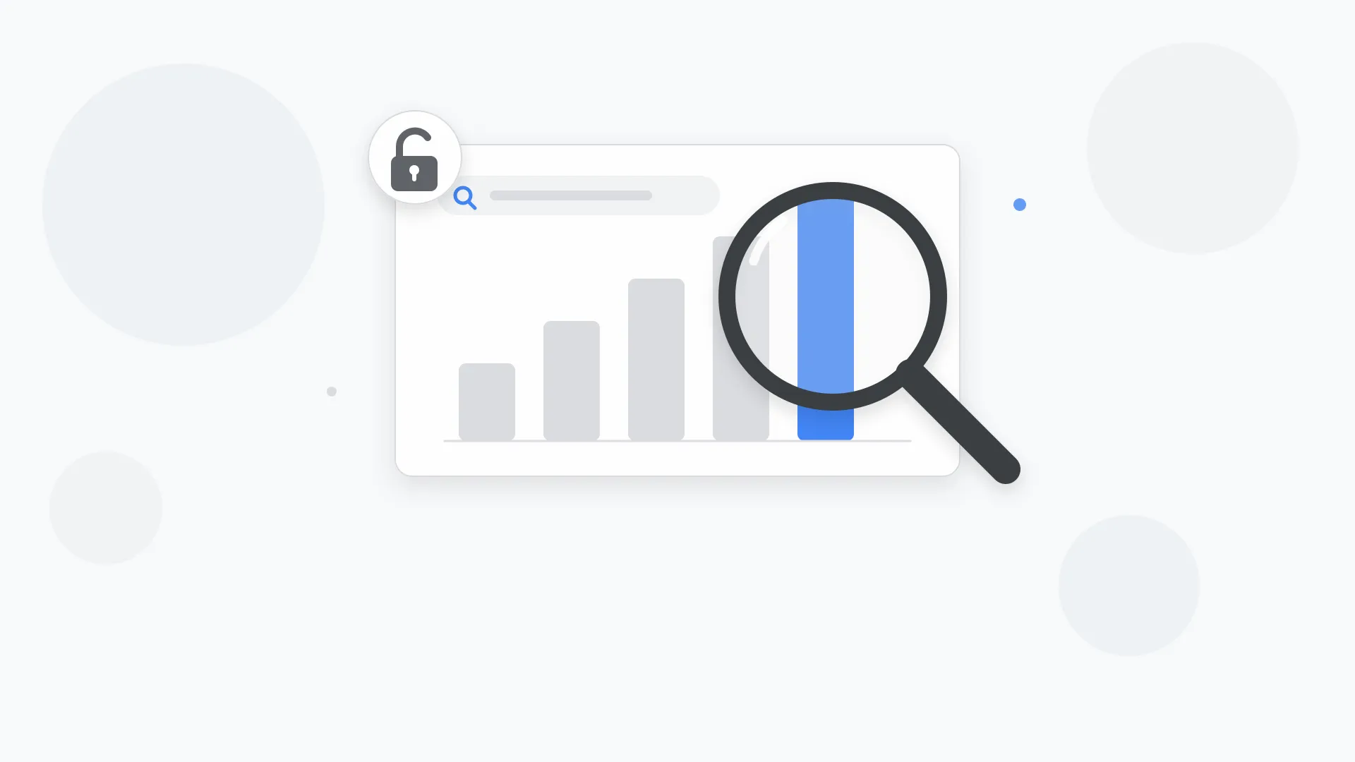 Lupa sobre una gráfica de barras ascendente con un candado abierto, ilustración de OpenSEO como alternativa open source a Semrush y Ahrefs