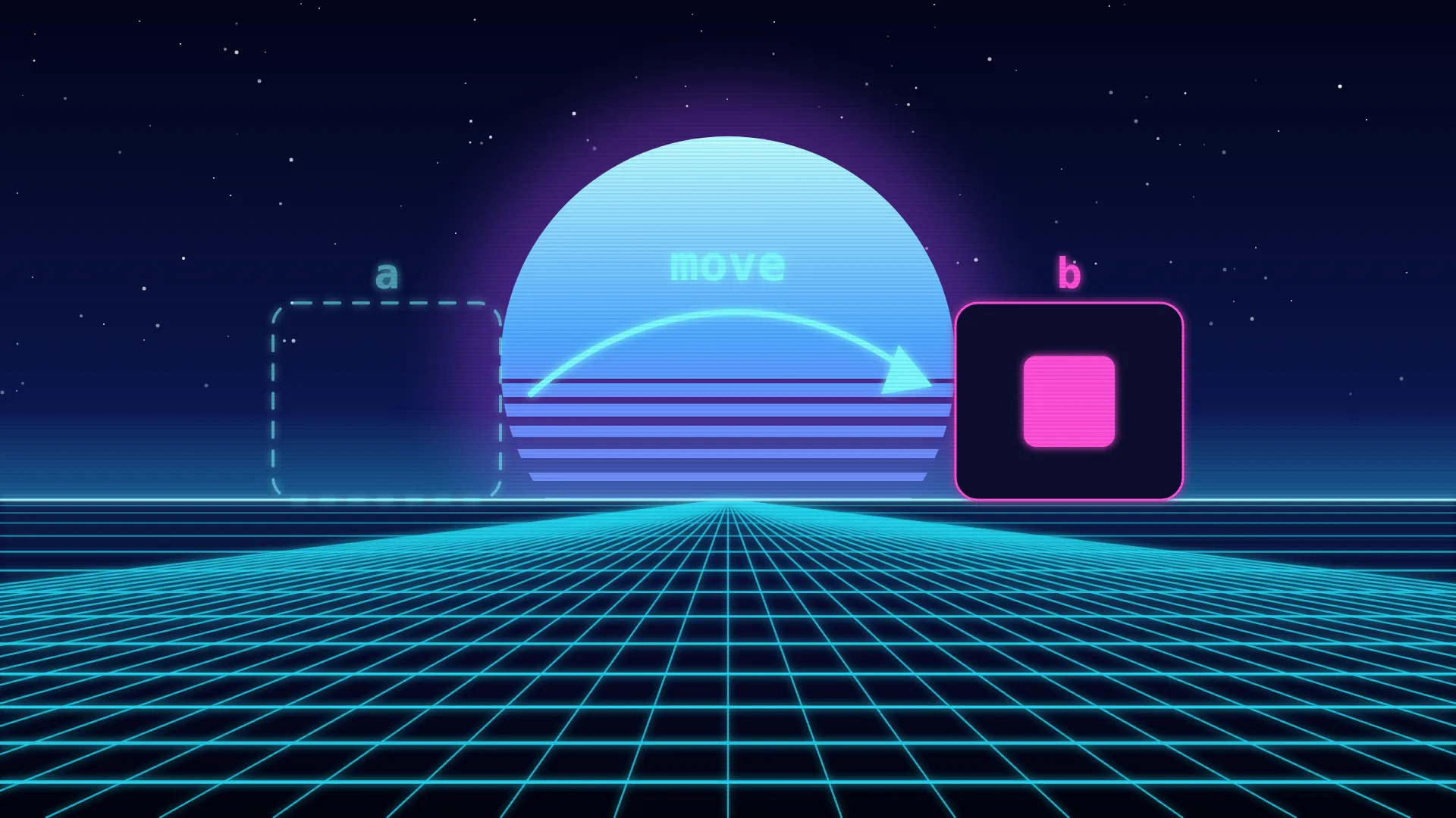 Ilustración retrofuturista de estética synthwave: sobre una rejilla de neón, una caja vacía de trazo discontinuo pasa su contenido con una flecha rotulada move a otra caja que ahora brilla con el valor dentro
