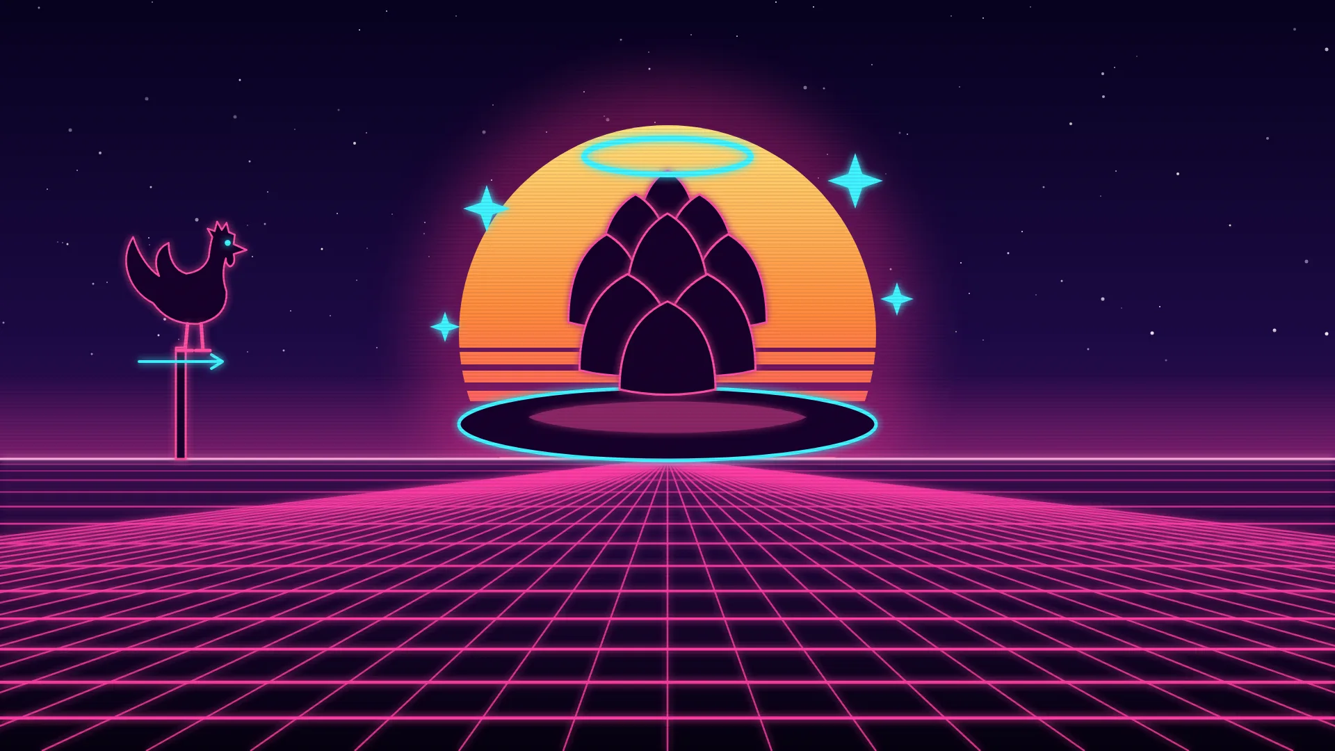 Ilustración retrofuturista de estética synthwave: una gran alcachofa en silueta sobre un plato de neón con brandada, coronada por un halo brillante y rodeada de destellos delante de un sol a rayas, con un gallo en silueta sobre una veleta en el lateral