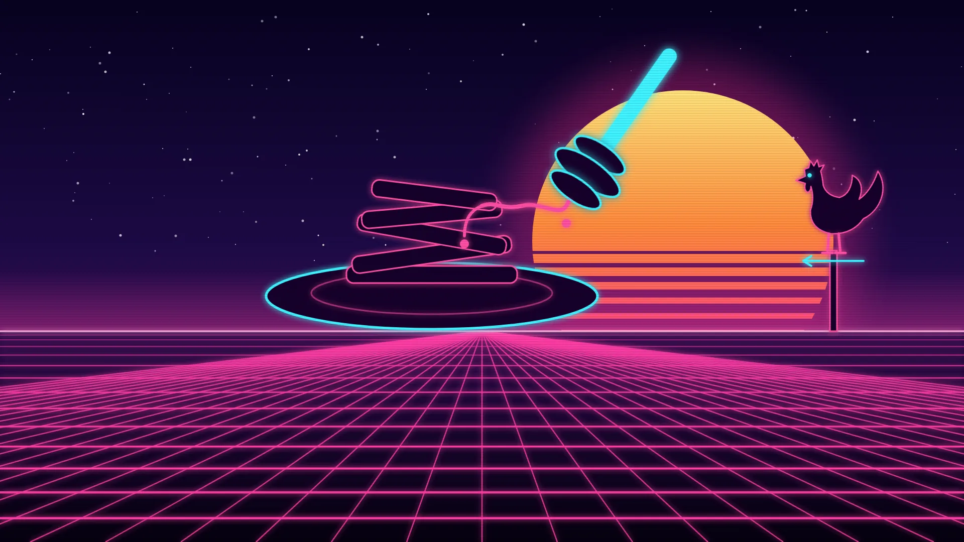 Ilustración retrofuturista de estética synthwave: un plato de neón con bastones fritos apilados en cruz, una cuchara de miel que deja caer un hilo brillante sobre ellos y, al fondo, un gallo en silueta sobre una veleta y un sol a rayas