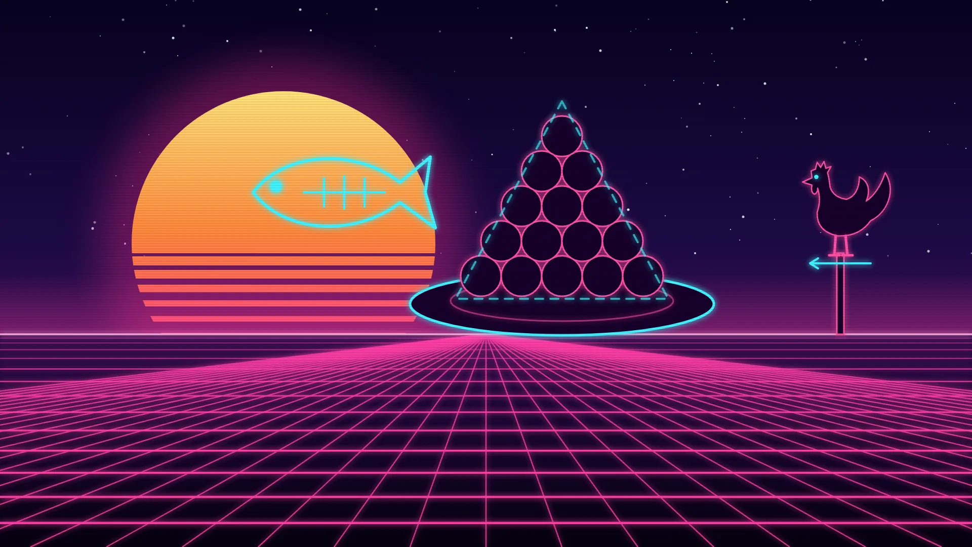 Ilustración retrofuturista de estética synthwave: una pirámide triangular de buñuelos redondos de neón sobre un plato, un bacalao de alambre nadando delante de un sol a rayas a la izquierda y un gallo en silueta sobre una veleta al fondo