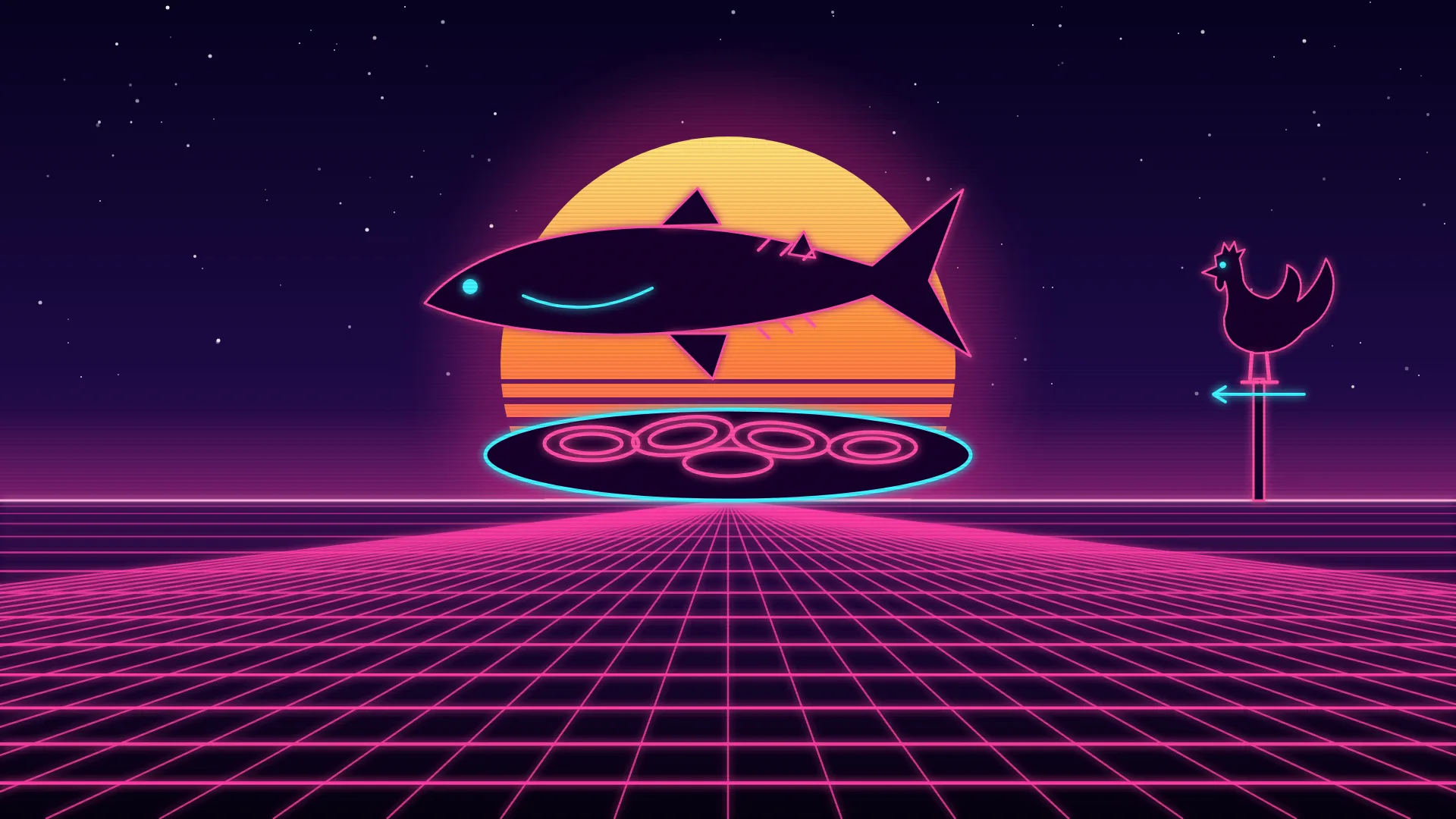 Ilustración retrofuturista de estética synthwave: un gran atún en silueta salta delante de un sol a rayas sobre un plato de neón lleno de aros de cebolla, con un gallo en silueta sobre una veleta en el horizonte