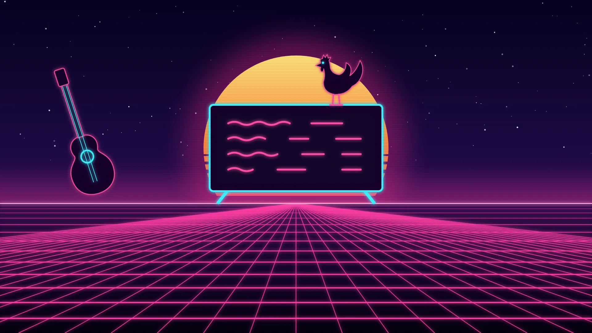 Ilustración retrofuturista de estética synthwave: una gran pizarra de taberna sobre un caballete, con renglones de tiza de neón y un gallo en silueta posado en lo alto, junto a una guitarra española apoyada a un lado y un sol a rayas detrás