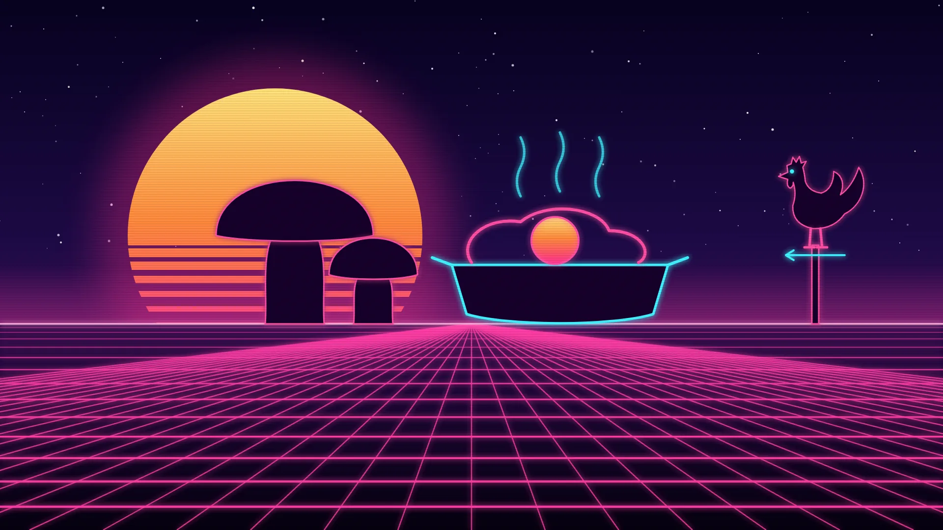 Ilustración retrofuturista de estética synthwave: dos grandes setas boletus en silueta recortadas contra un sol a rayas a la izquierda, junto a una cazuela de barro de neón con un huevo frito encima y un gallo en silueta sobre una veleta al fondo