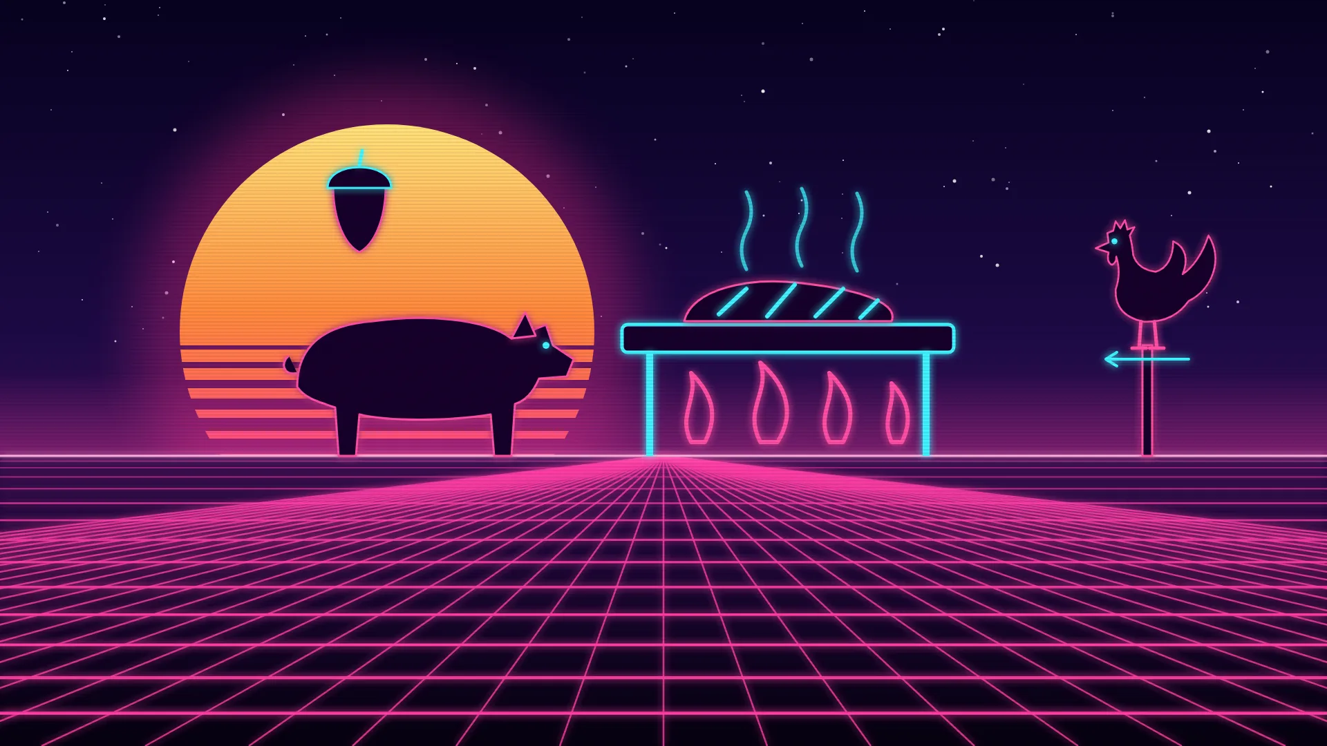Ilustración retrofuturista de estética synthwave: un cerdo ibérico en silueta y una bellota recortados contra un sol a rayas a la izquierda, junto a una plancha de neón con una pieza de carne marcada sobre llamas y un gallo en silueta sobre una veleta al fondo
