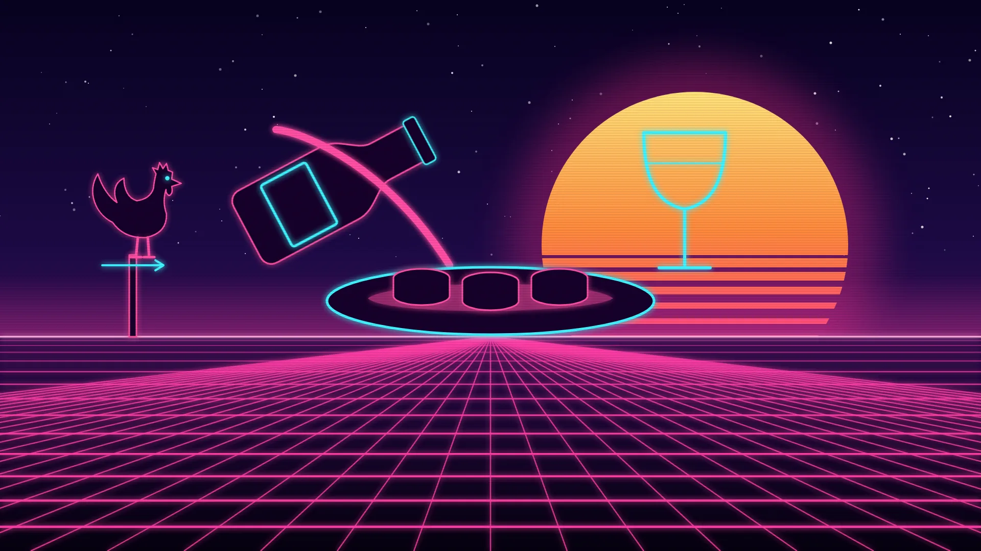 Ilustración retrofuturista de estética synthwave: una botella de vino inclinada vierte un chorro oscuro y brillante sobre medallones de carne en un plato de neón, con una copa de alambre delante de un sol a rayas a la derecha y un gallo en silueta sobre una veleta en el lateral