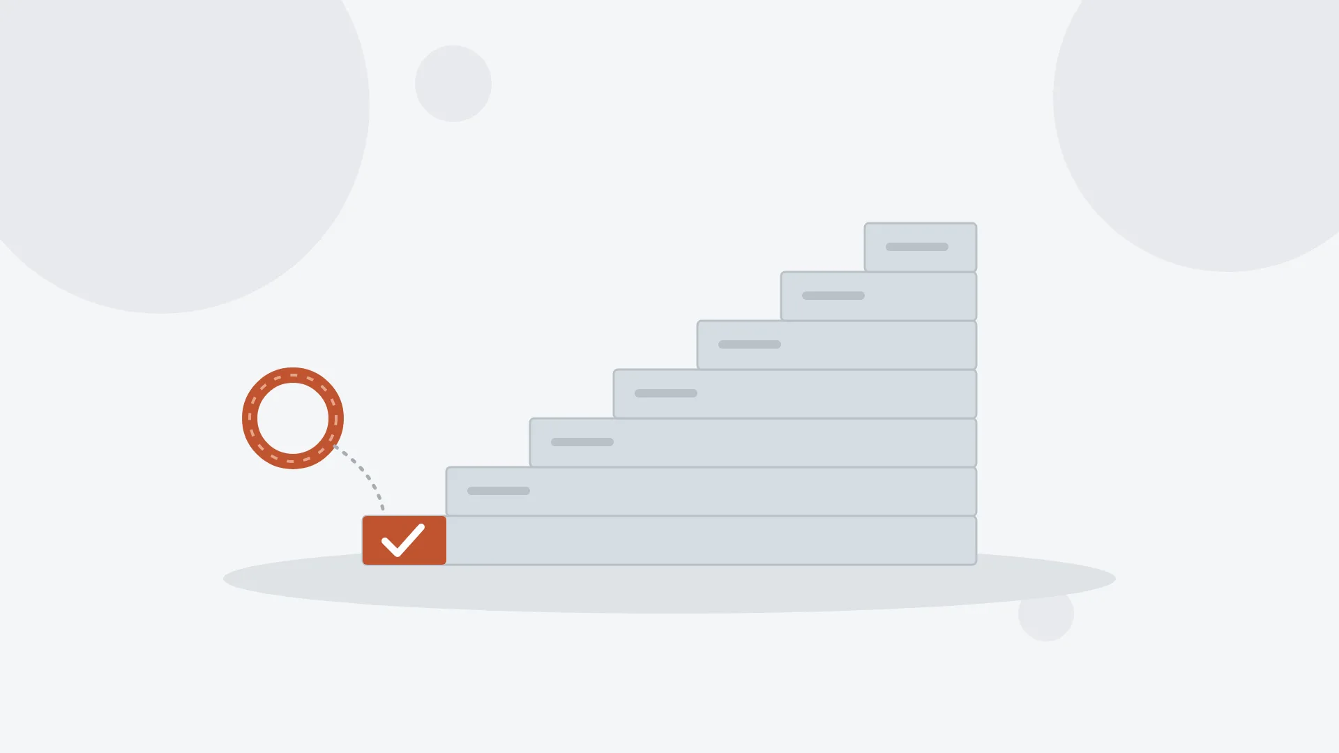 Ilustración minimalista de una escalera de peldaños grises con el primero destacado en color terracota y una marca de verificación, junto a un coletero