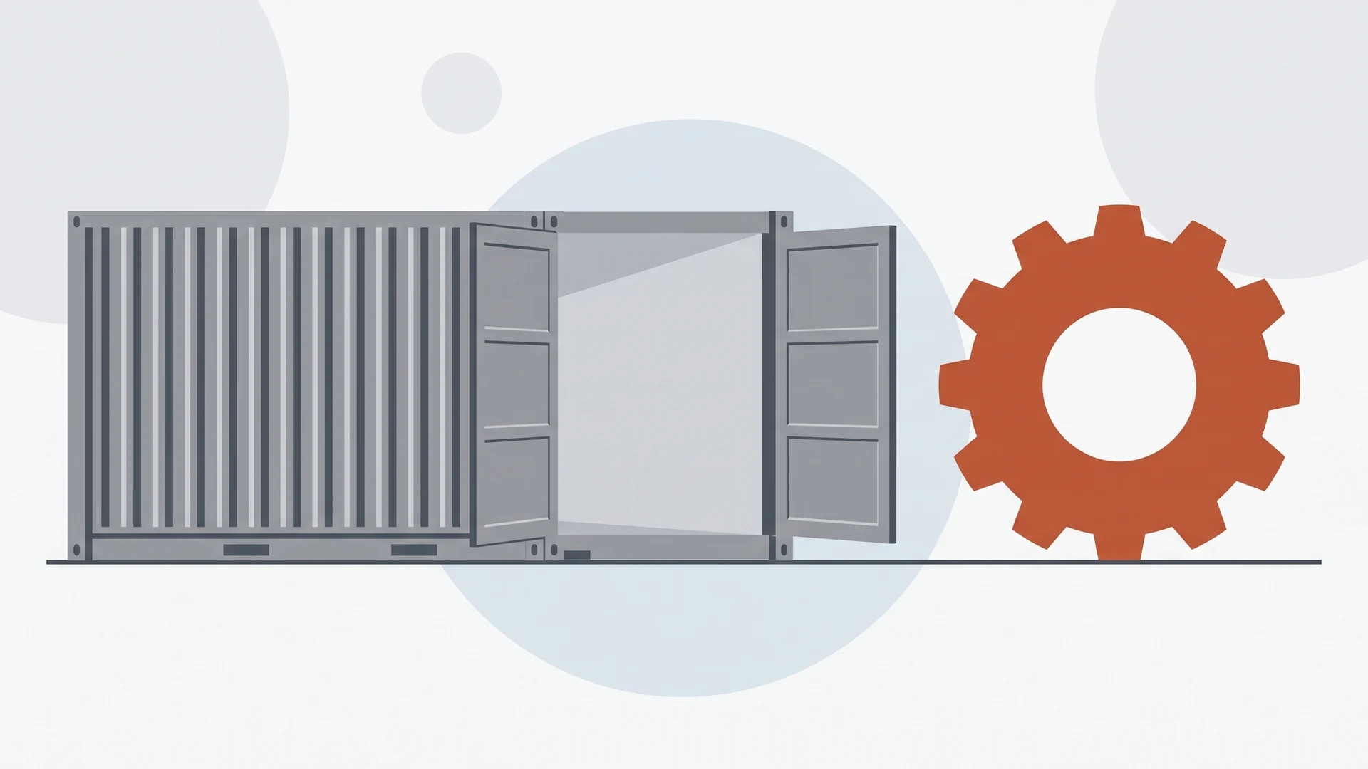 Ilustración minimalista de un contenedor de carga vacío junto a un engranaje de systemd, con el engranaje destacado en terracota