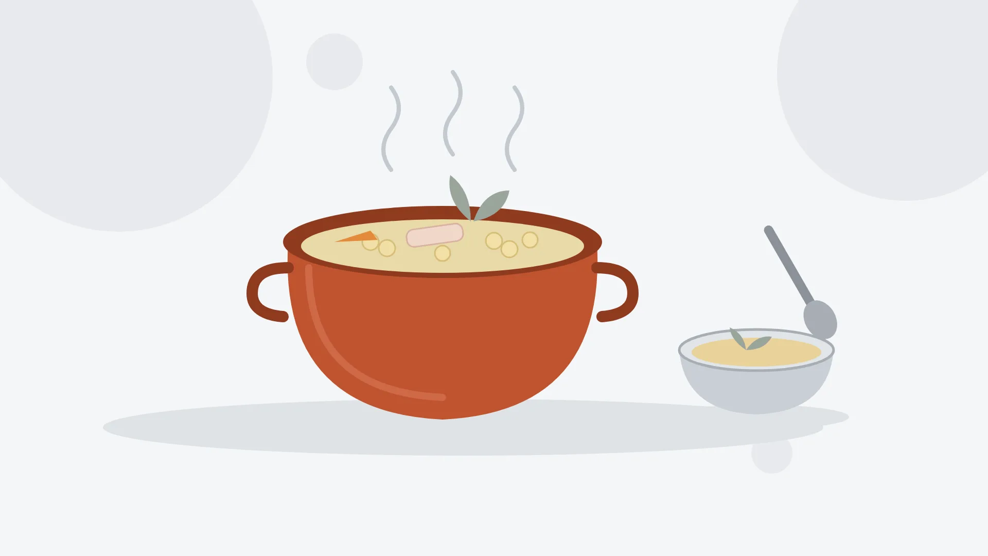 Ilustración minimalista de una olla de barro en color terracota con garbanzos, tocino, zanahoria y hierbabuena, junto a un tazón de caldo con una cuchara
