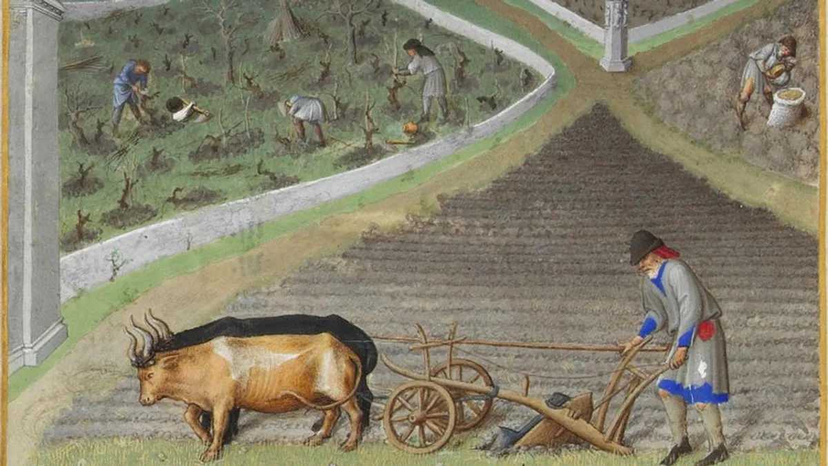 Campesino arando con bueyes ante las tierras del señor, miniatura de Las muy ricas horas del duque de Berry