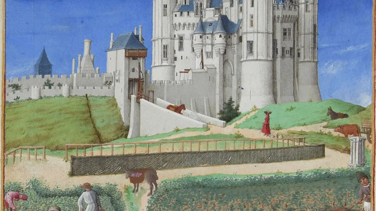 Vendimia a los pies del castillo de Saumur, miniatura de Las muy ricas horas del duque de Berry